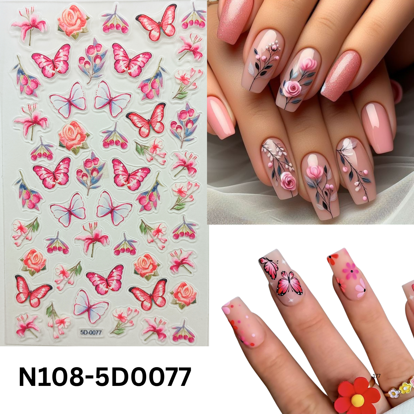 Embossed 5D Butterfly Flower Nail Stickers ā Self-Adhesive Nail Decals