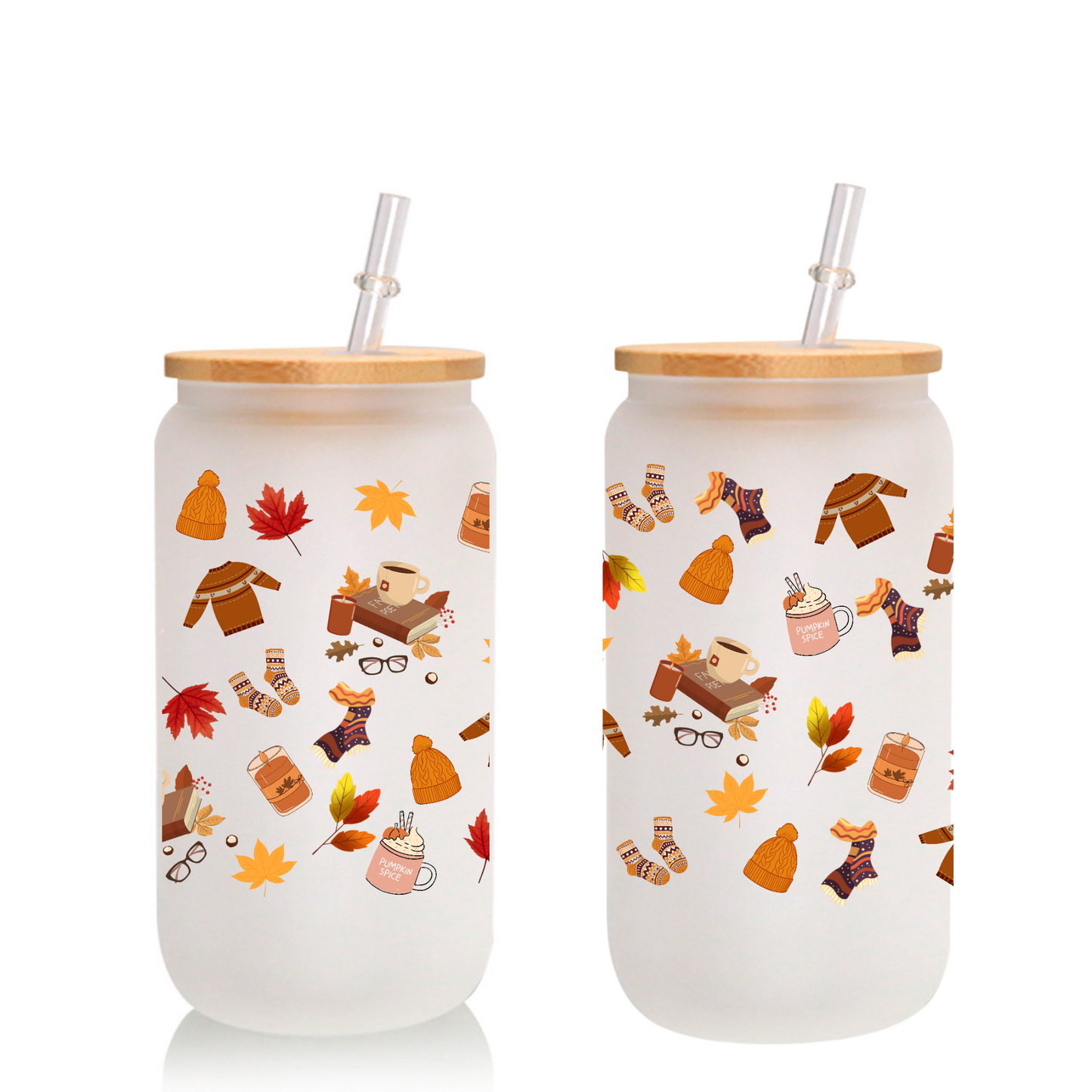 Fall Leaves Frosted Glass Tumbler 16oz/20oz – Clear Can Cup with Bamboo Lid, Straw & Cleaning Brush, Autumn Drinkware