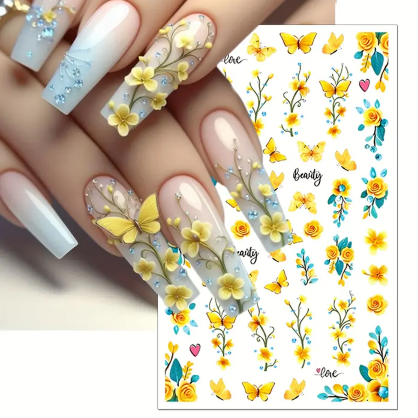 Spring/Summer Yellow Butterfly and Flower Nail Stickers Nail Self-Adhesive Decoration Tools Nail Decoration Accessories