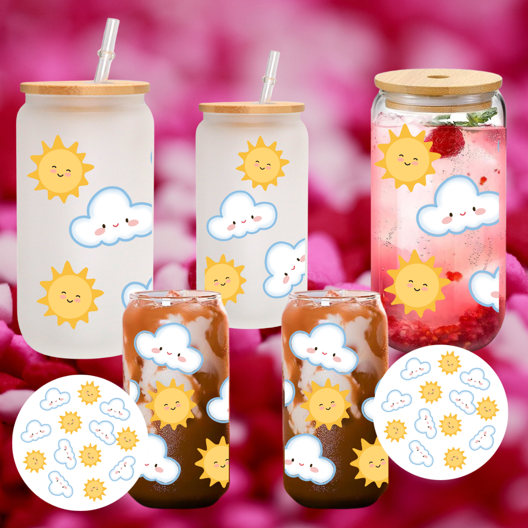 Sun & Cloud Glass Cup with Matching Coaster Cute Aesthetic Can Glass Set Frosted or Clear Cup with Bamboo Lid and Straw