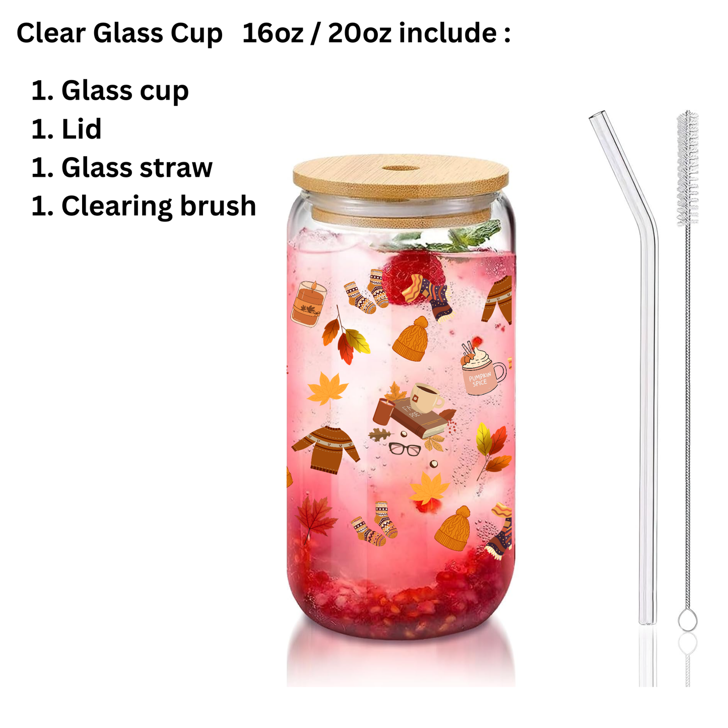 Fall Leaves Glass Cup 16oz/20oz – Clear Can Tumbler with Bamboo Lid, Straw & Brush