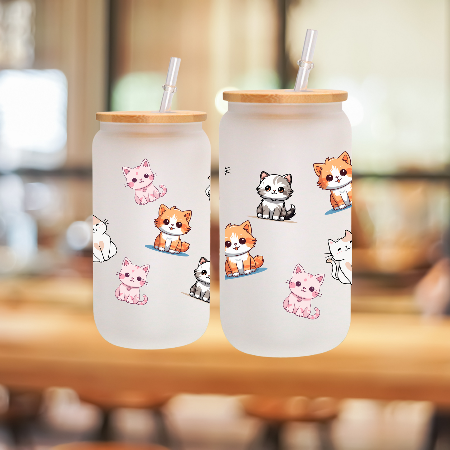 Cute Cats Frosted Glass Cup β 16oz / 20oz Animal Glass Tumbler for Coffee, Tea, Smoothie β Personalized Gift for Office, Party, or Birthday