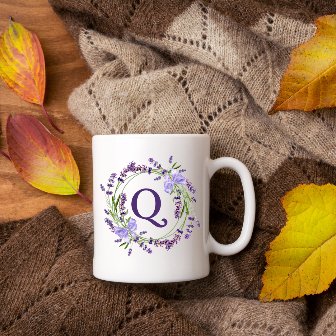 Floral Alphabet Letter A-Z Lavender Wreath Design,Personalized 12oz Ceramic Mug