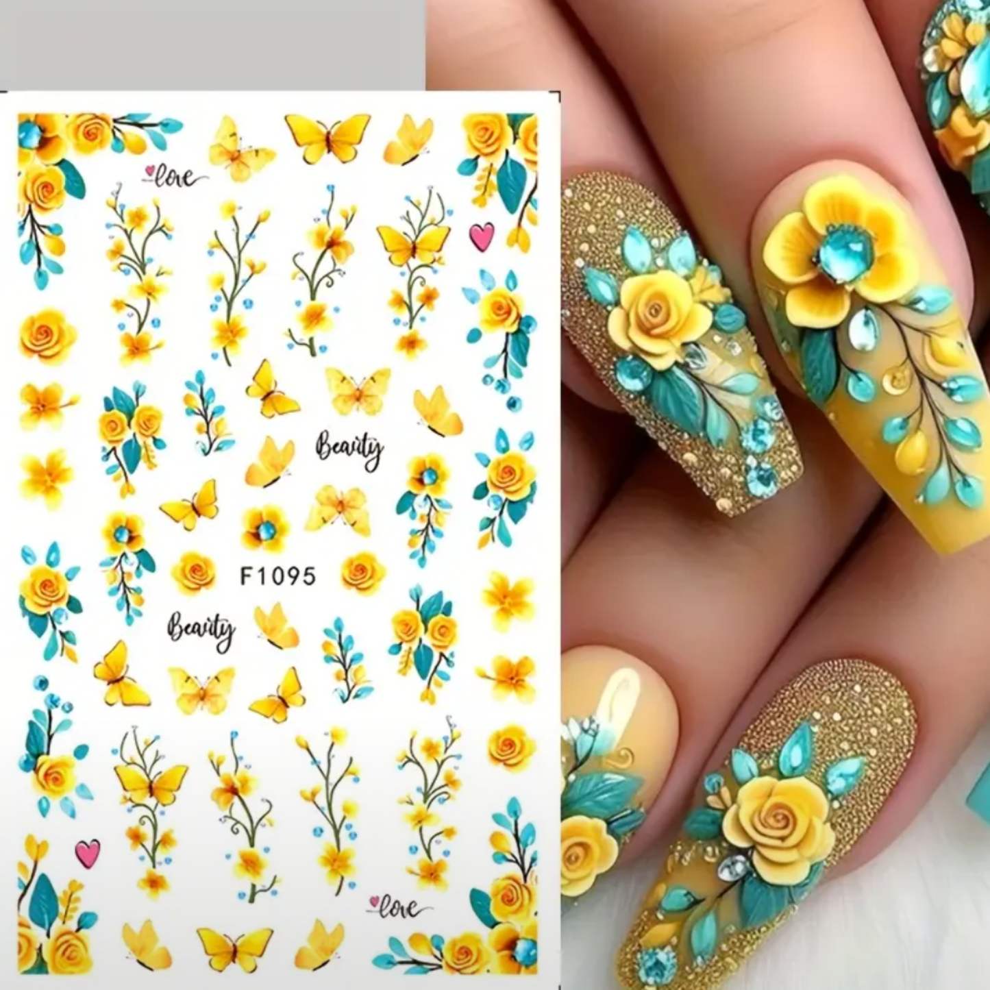 Spring/Summer Yellow Butterfly and Flower Nail Stickers Nail Self-Adhesive Decoration Tools Nail Decoration Accessories