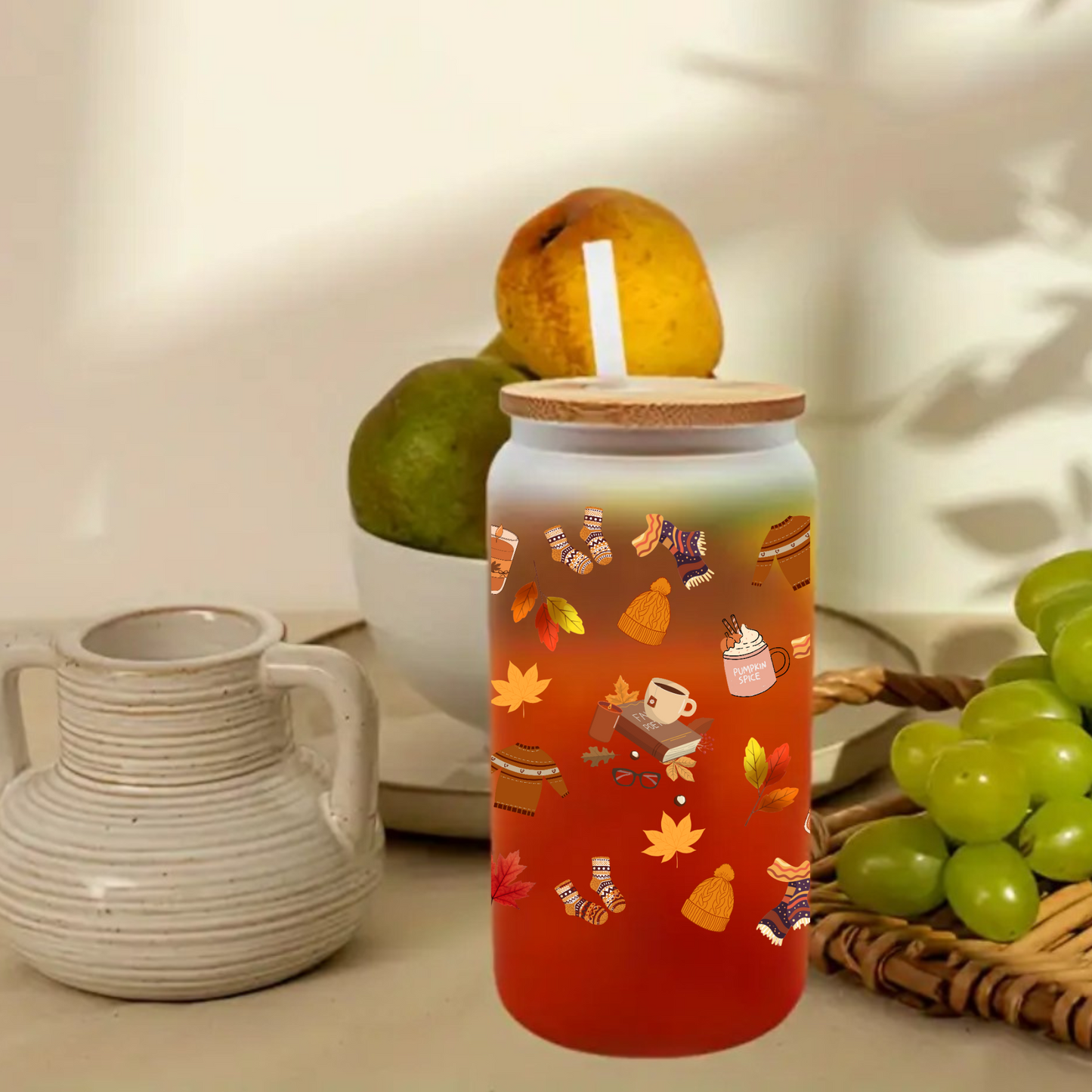 Fall Leaves Frosted Glass Tumbler 16oz/20oz – Clear Can Cup with Bamboo Lid, Straw & Cleaning Brush, Autumn Drinkware