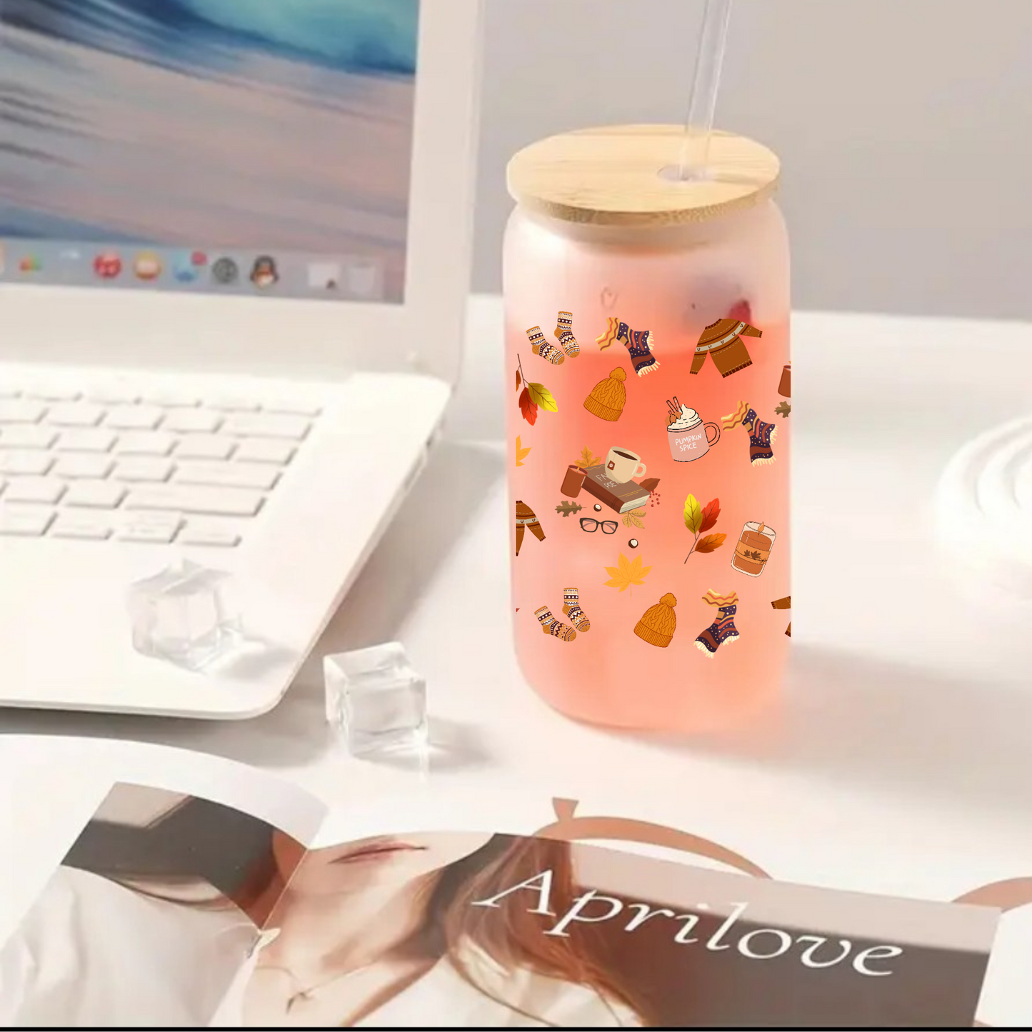 Fall Leaves Frosted Glass Tumbler 16oz/20oz – Clear Can Cup with Bamboo Lid, Straw & Cleaning Brush, Autumn Drinkware