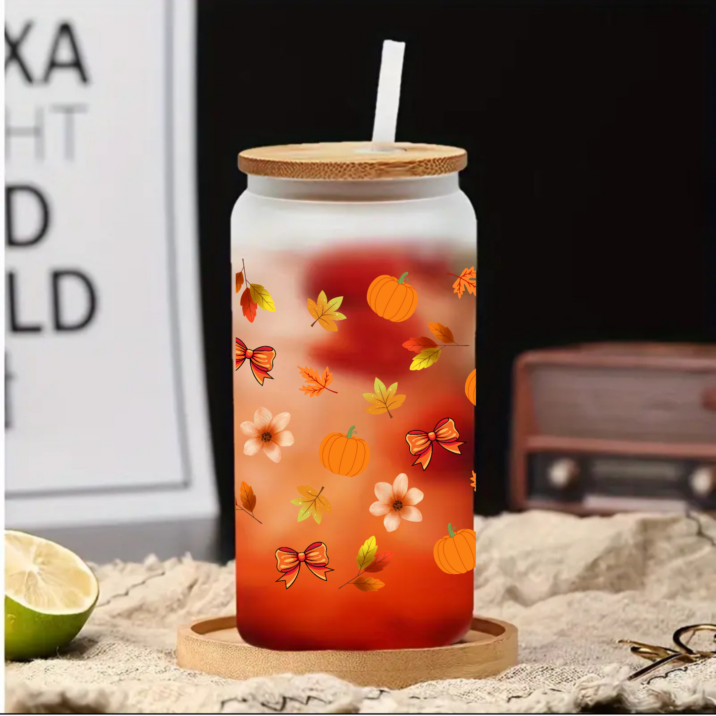 Autumn Leaves & Pumpkin Glass Cup 16oz/20oz – Clear Tumbler with Bamboo Lid, Straw & Brush, Fall Flowers Design