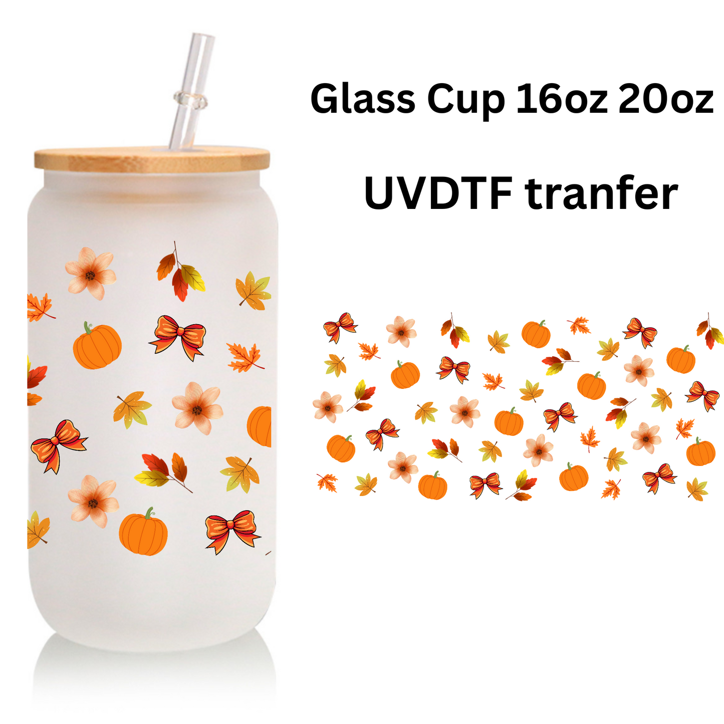Autumn Leaves & Pumpkin Glass Cup 16oz/20oz – Clear Tumbler with Bamboo Lid, Straw & Brush, Fall Flowers Design
