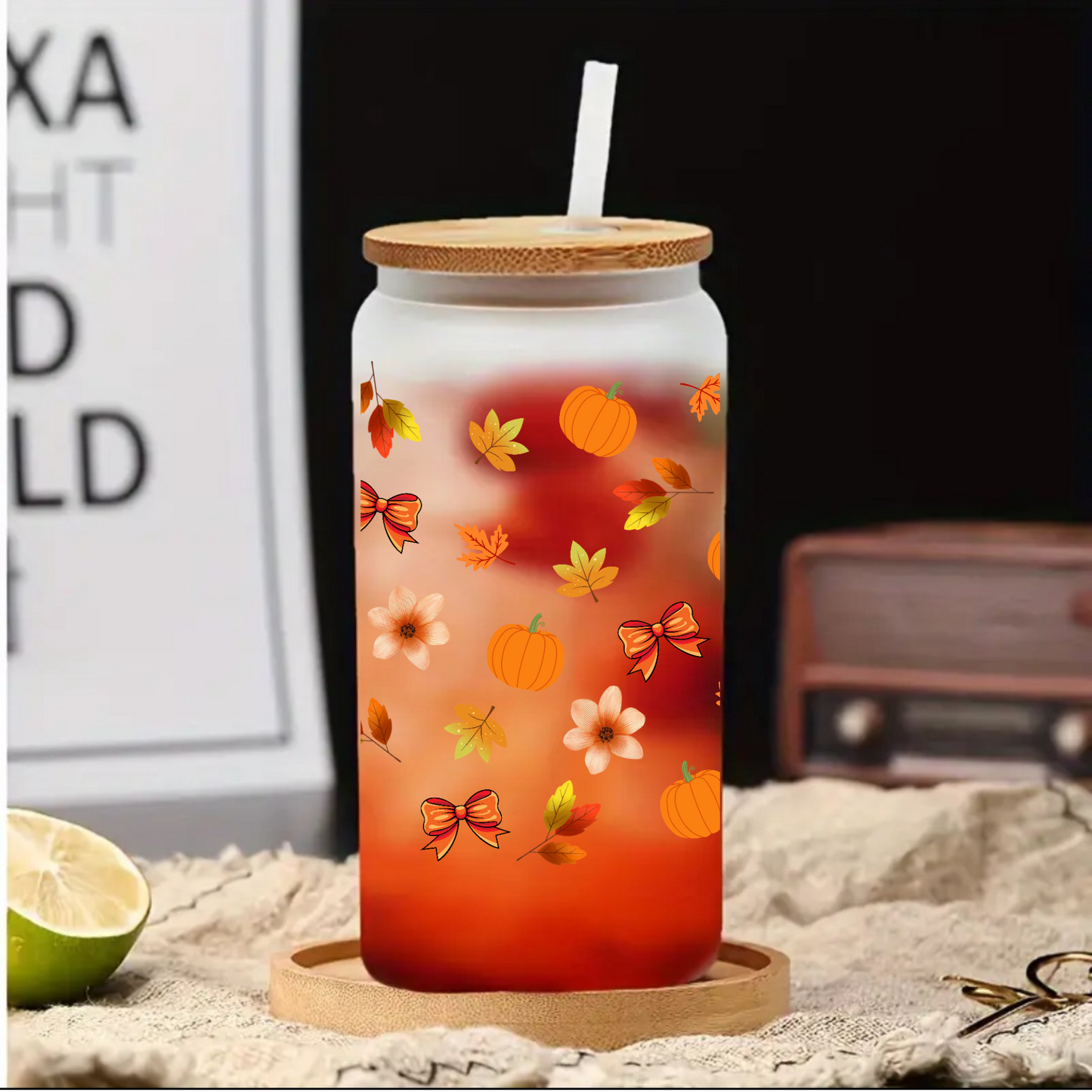 Autumn Leaves & Pumpkin Glass Cup 16oz/20oz – Clear Tumbler with Bamboo Lid, Straw & Brush, Fall Flowers Design
