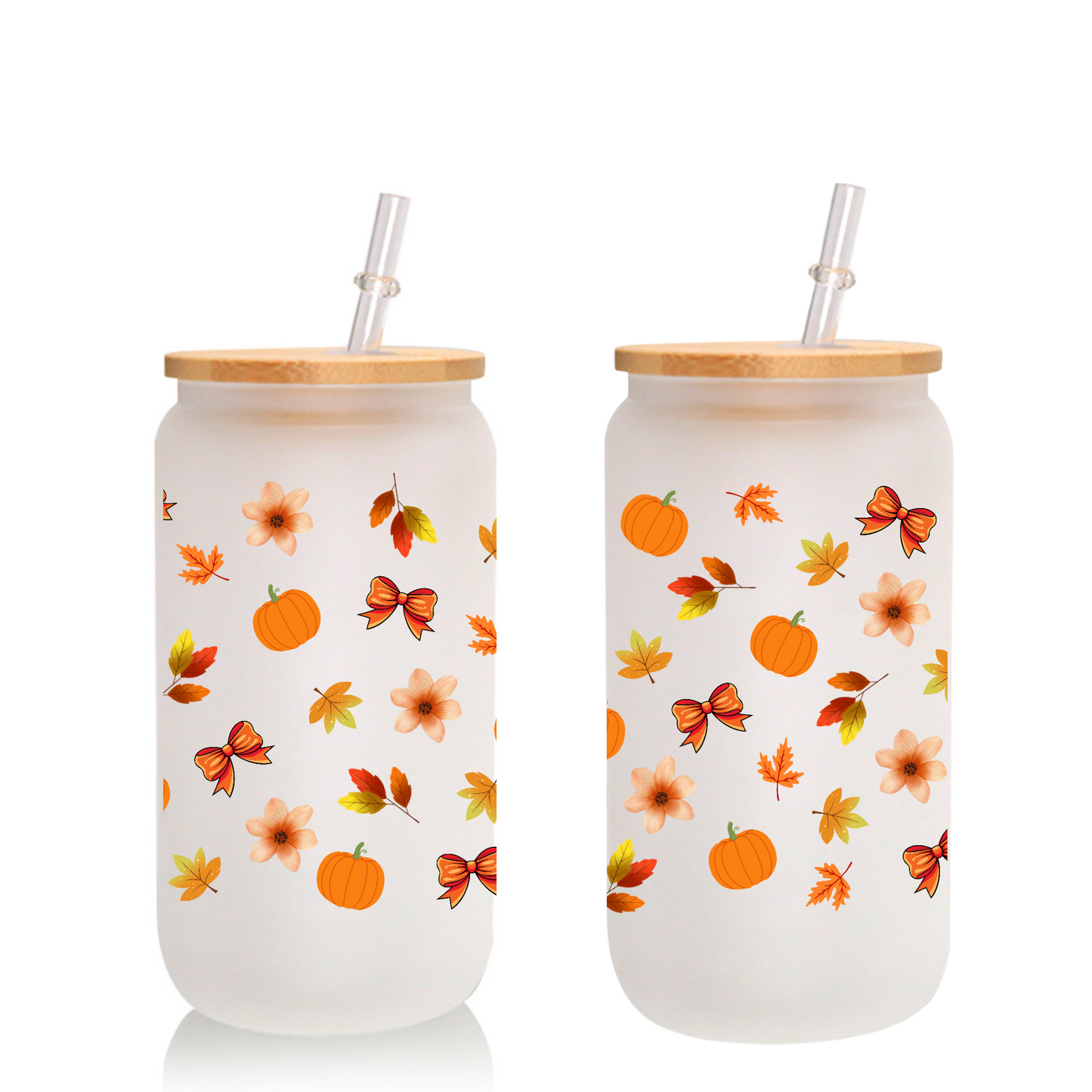 Autumn Leaves & Pumpkin Glass Cup 16oz/20oz – Clear Tumbler with Bamboo Lid, Straw & Brush, Fall Flowers Design