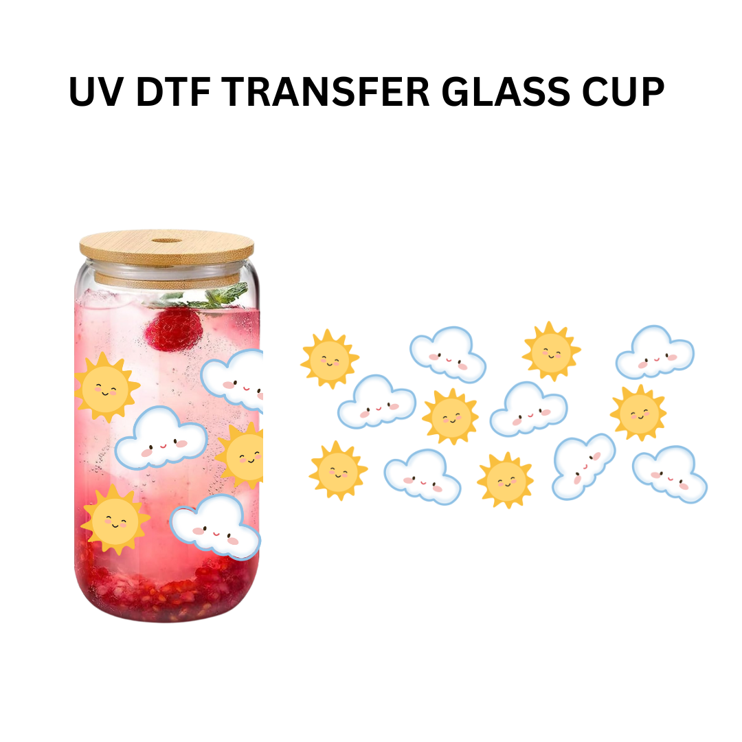 Sun & Cloud Glass Cup with Matching Coaster Cute Aesthetic Can Glass Set Frosted or Clear Cup with Bamboo Lid and Straw