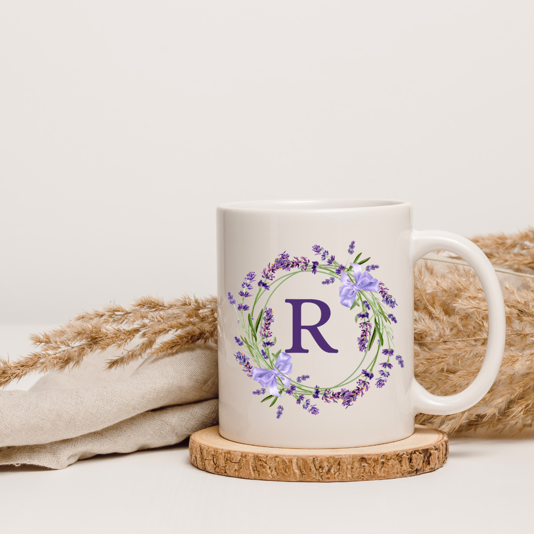 Floral Alphabet Letter A-Z Lavender Wreath Design,Personalized 12oz Ceramic Mug