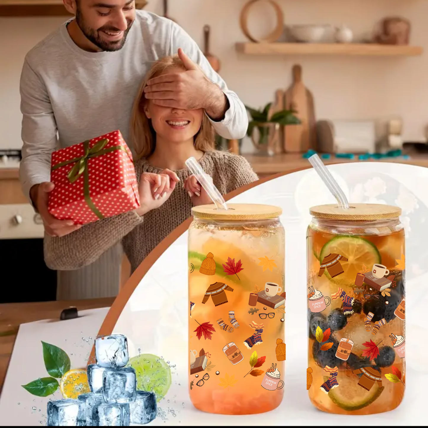 Fall Leaves Glass Cup 16oz/20oz – Clear Can Tumbler with Bamboo Lid, Straw & Brush