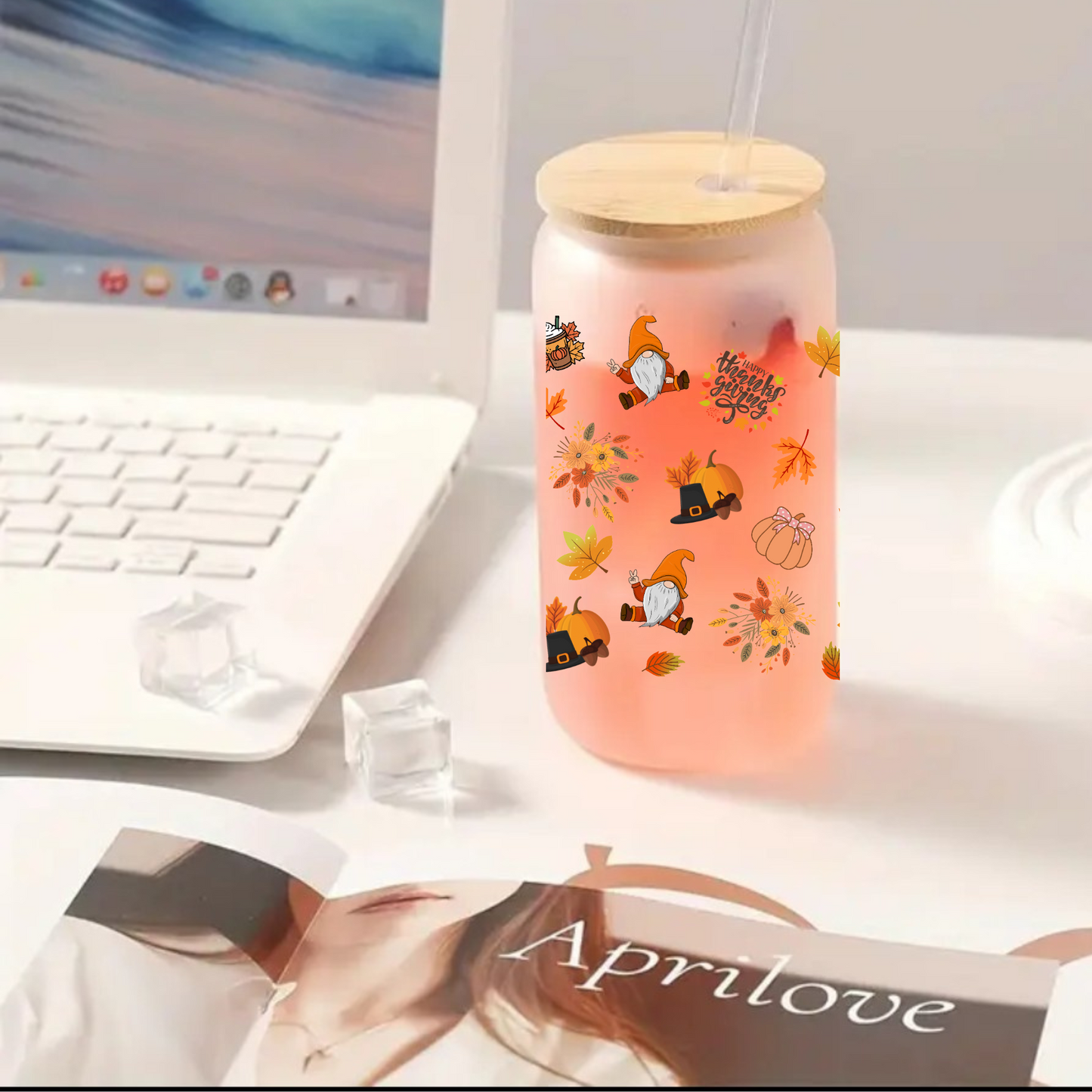 Thanksgiving Frosted Glass Cup 16oz/20oz – Clear Tumbler with Fall Leaves, Pumpkin & Hat Design, Bamboo Lid & Straw