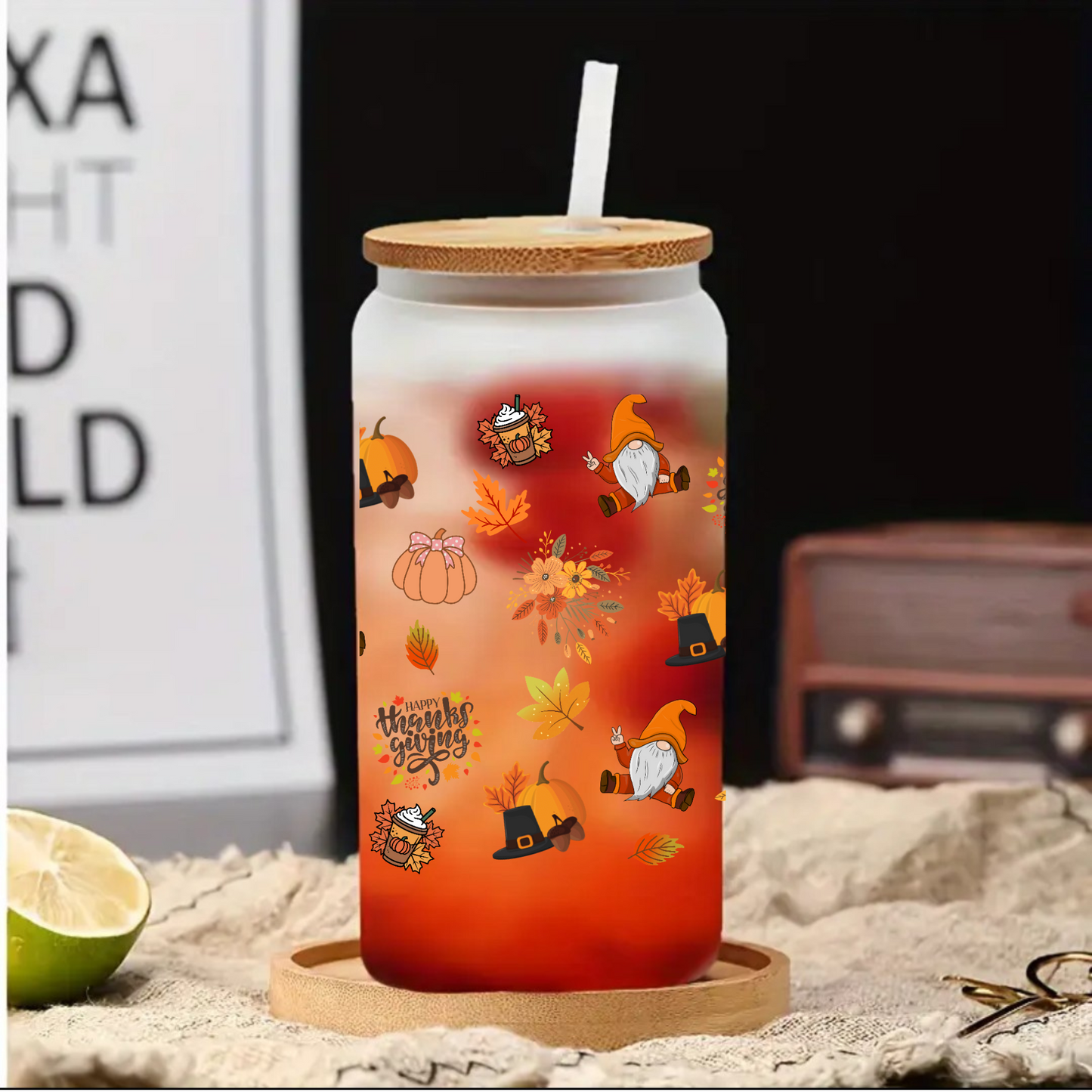 Thanksgiving Frosted Glass Cup 16oz/20oz – Clear Tumbler with Fall Leaves, Pumpkin & Hat Design, Bamboo Lid & Straw
