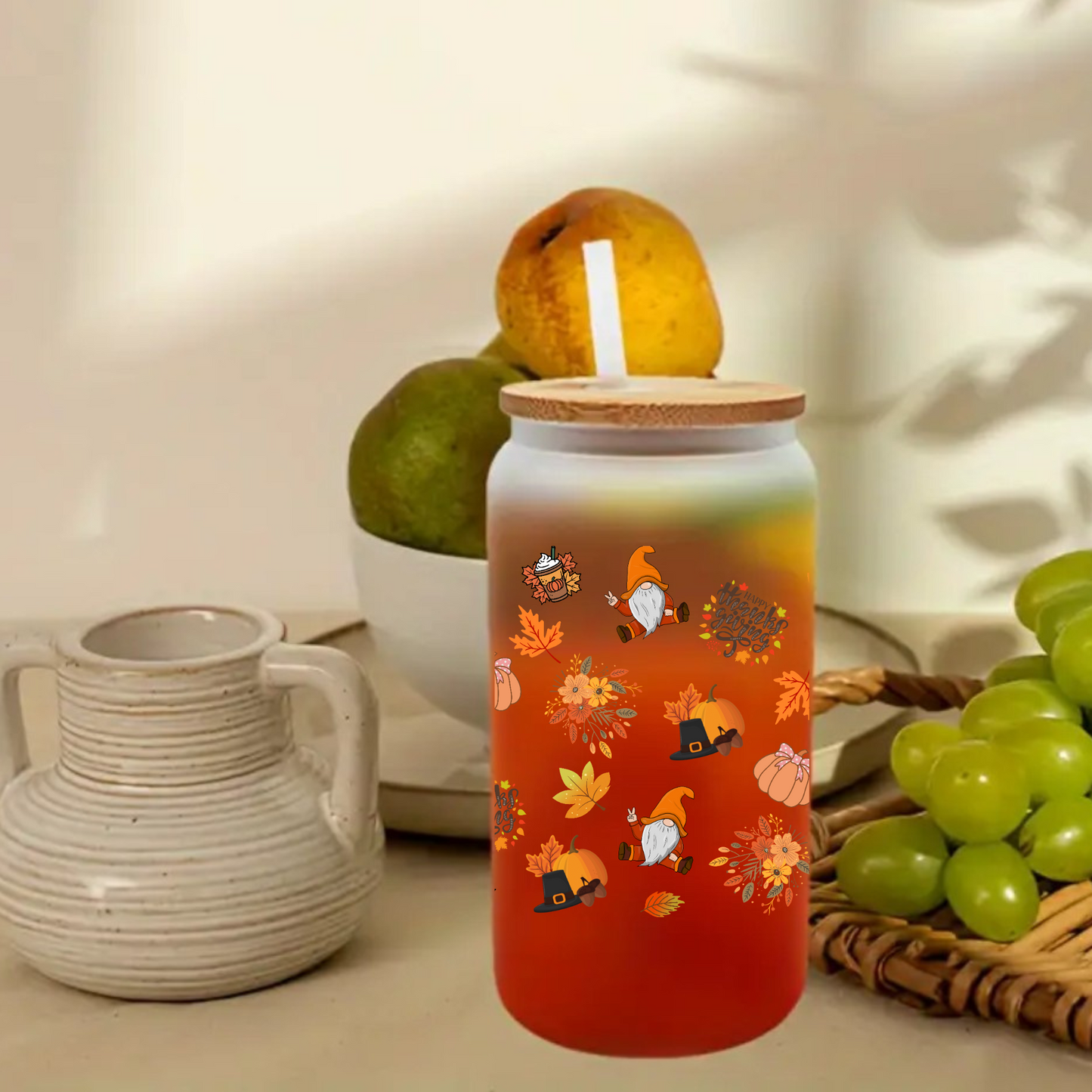Thanksgiving Frosted Glass Cup 16oz/20oz – Clear Tumbler with Fall Leaves, Pumpkin & Hat Design, Bamboo Lid & Straw