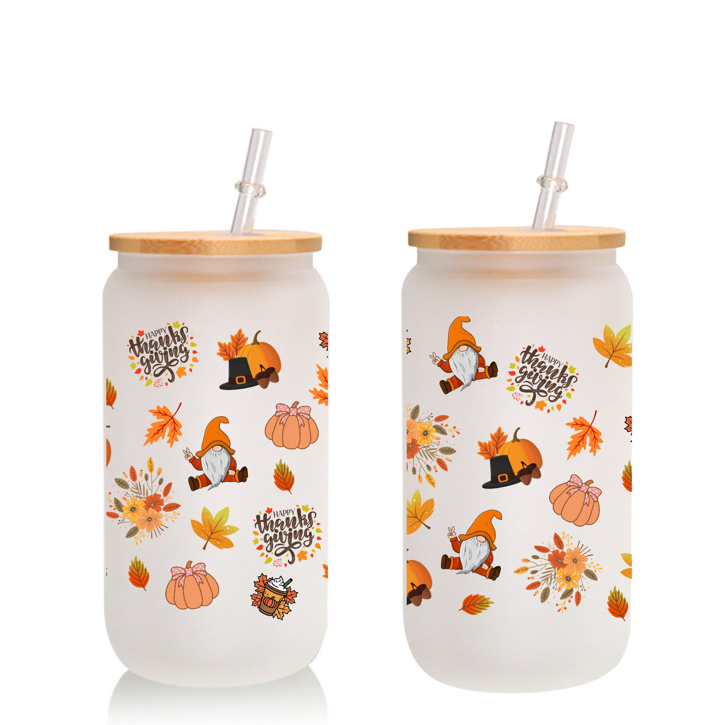 Thanksgiving Frosted Glass Cup 16oz/20oz – Clear Tumbler with Fall Leaves, Pumpkin & Hat Design, Bamboo Lid & Straw