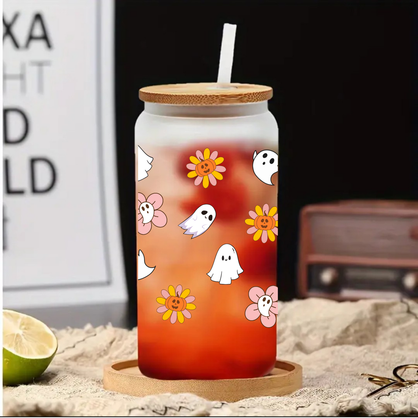 Ghost & Flower Frosted Glass Cup 16oz/20oz – Clear Tumbler with Bamboo Lid, Straw & Brush, Halloween Autumn Drinkware