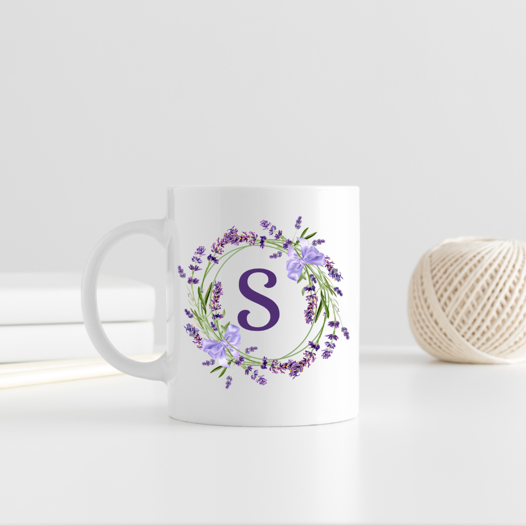 Floral Alphabet Letter A-Z Lavender Wreath Design,Personalized 12oz Ceramic Mug