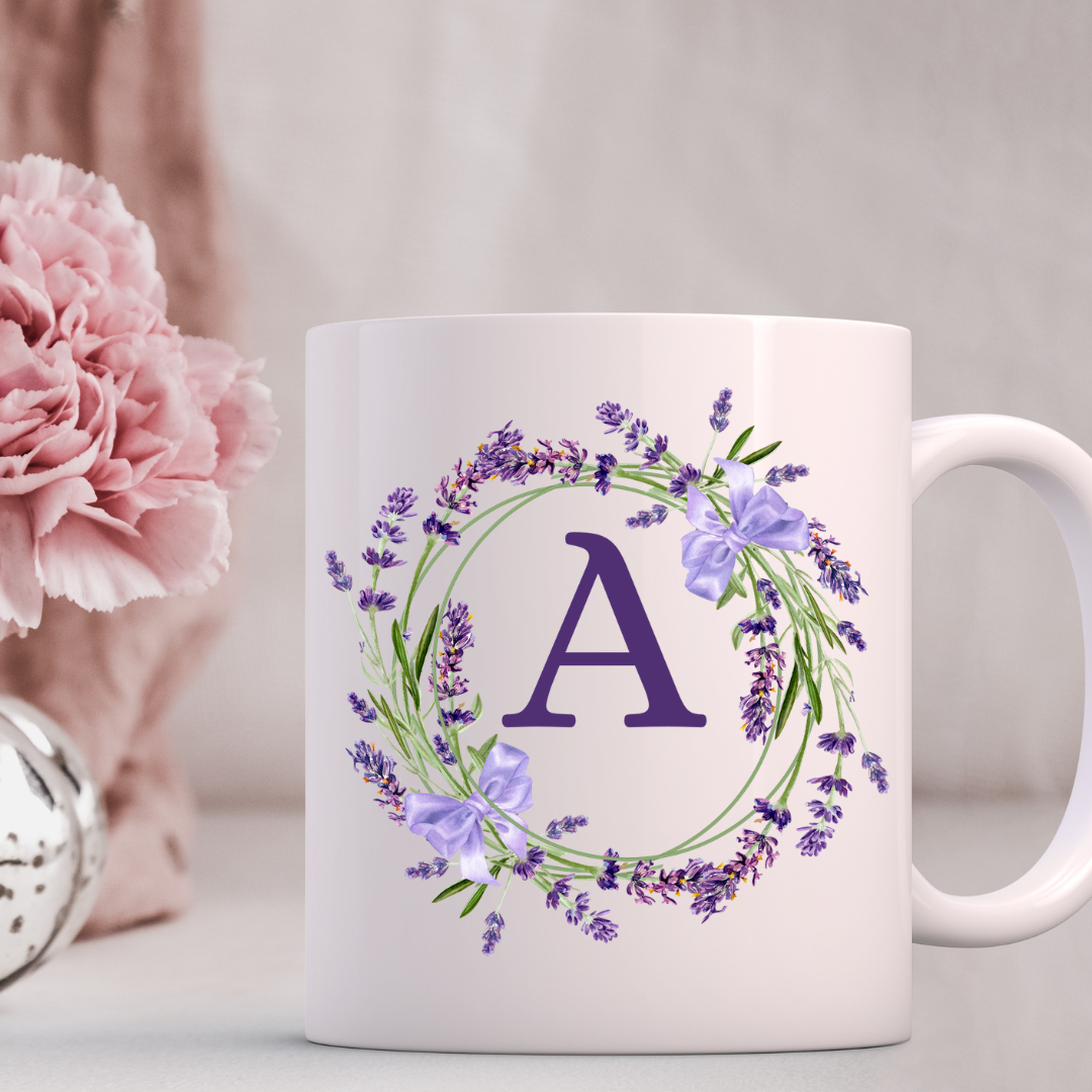 Floral Alphabet Letter A-Z Lavender Wreath Design,Personalized 12oz Ceramic Mug