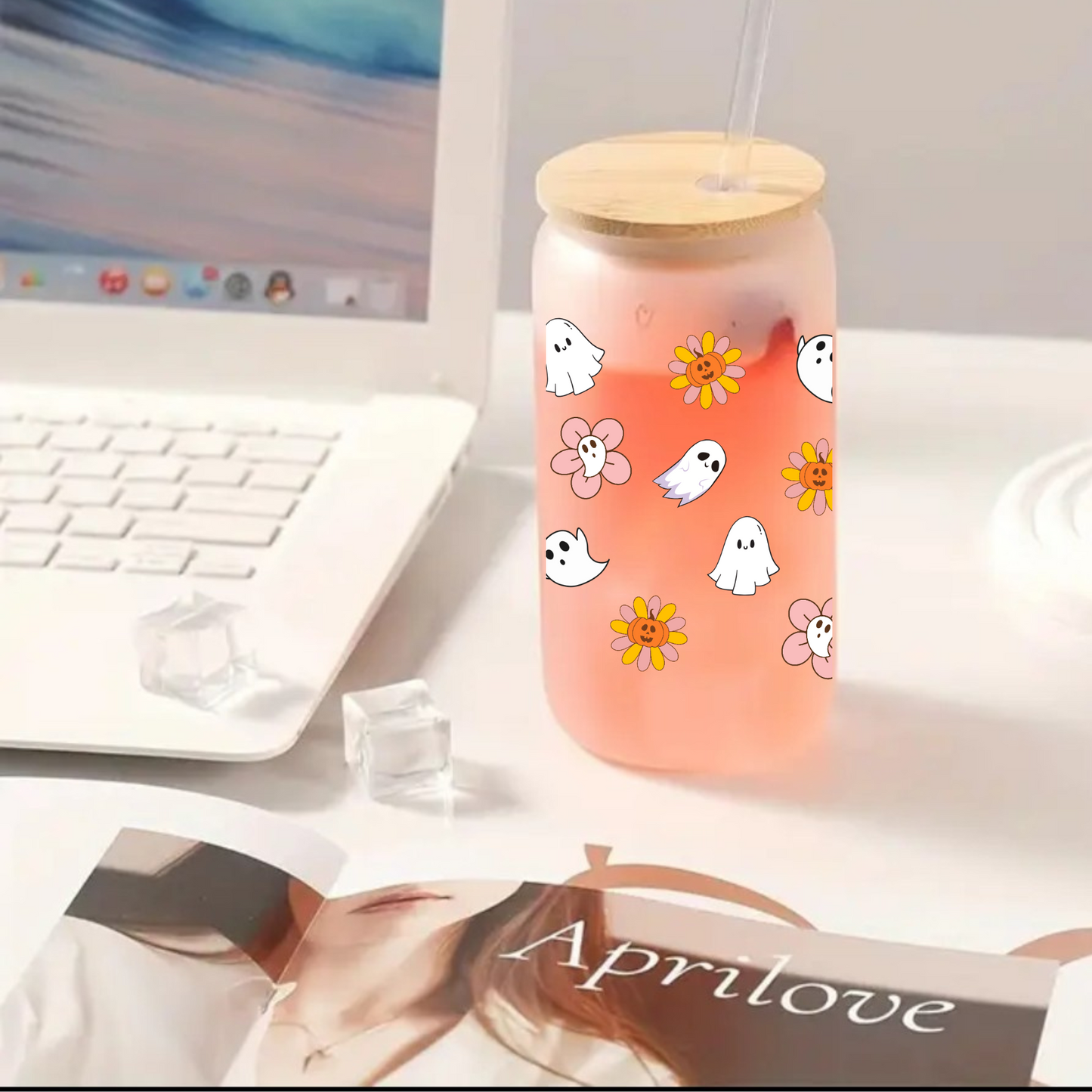 Ghost & Flower Frosted Glass Cup 16oz/20oz – Clear Tumbler with Bamboo Lid, Straw & Brush, Halloween Autumn Drinkware