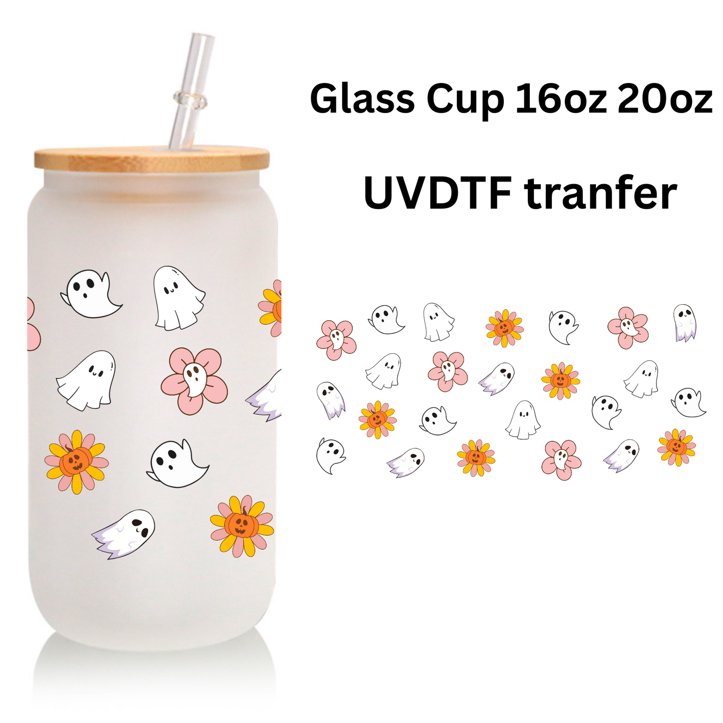 Ghost & Flower Frosted Glass Cup 16oz/20oz – Clear Tumbler with Bamboo Lid, Straw & Brush, Halloween Autumn Drinkware