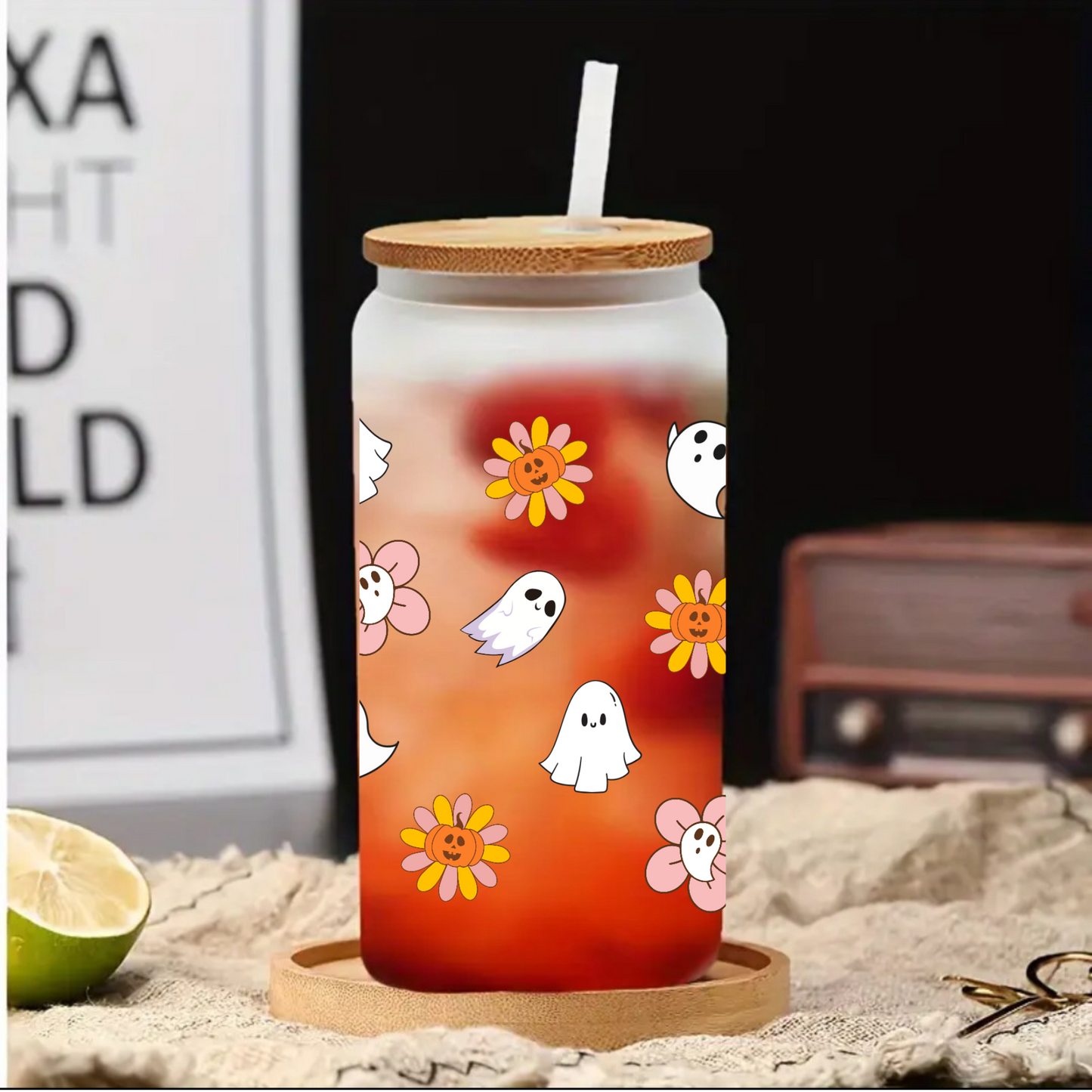 Ghost & Flower Frosted Glass Cup 16oz/20oz – Clear Tumbler with Bamboo Lid, Straw & Brush, Halloween Autumn Drinkware
