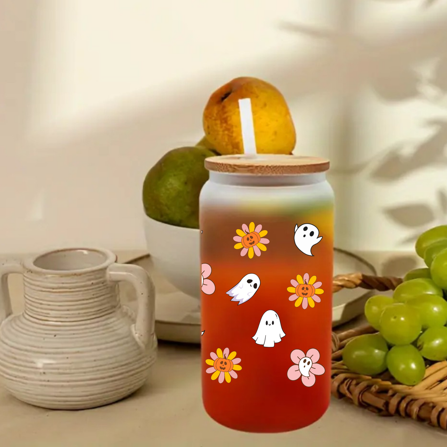 Ghost & Flower Frosted Glass Cup 16oz/20oz – Clear Tumbler with Bamboo Lid, Straw & Brush, Halloween Autumn Drinkware