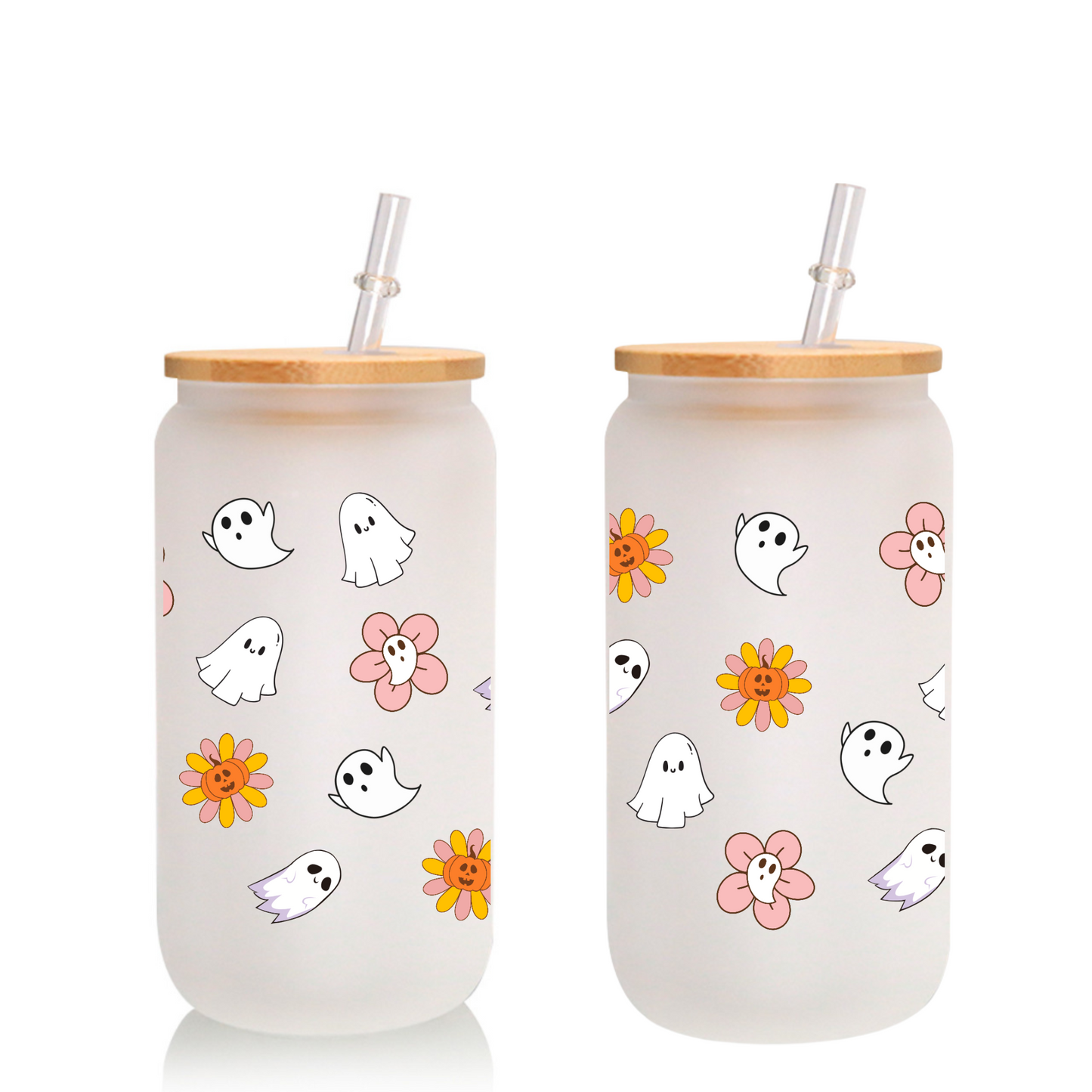 Ghost & Flower Frosted Glass Cup 16oz/20oz – Clear Tumbler with Bamboo Lid, Straw & Brush, Halloween Autumn Drinkware