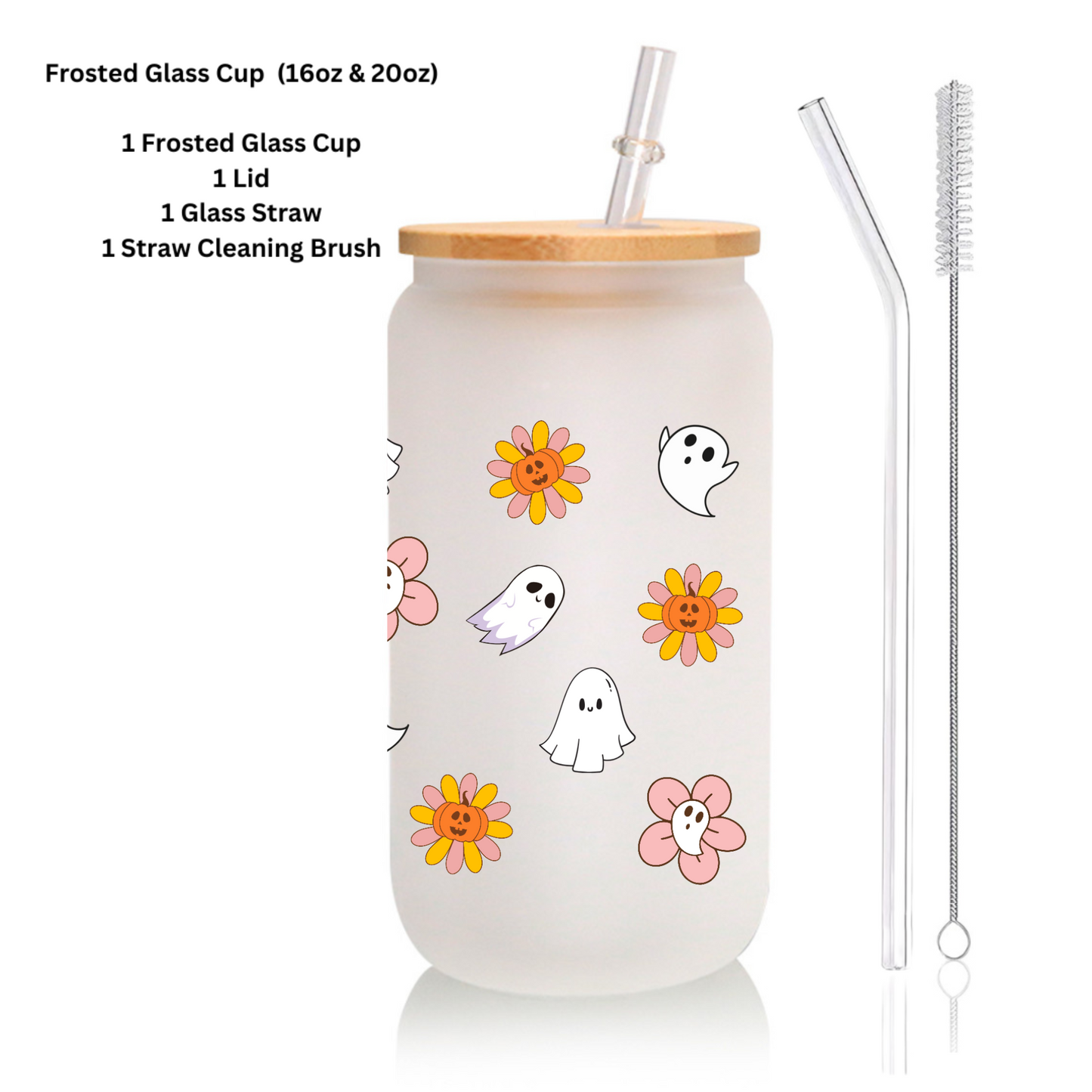 Ghost & Flower Frosted Glass Cup 16oz/20oz – Clear Tumbler with Bamboo Lid, Straw & Brush, Halloween Autumn Drinkware