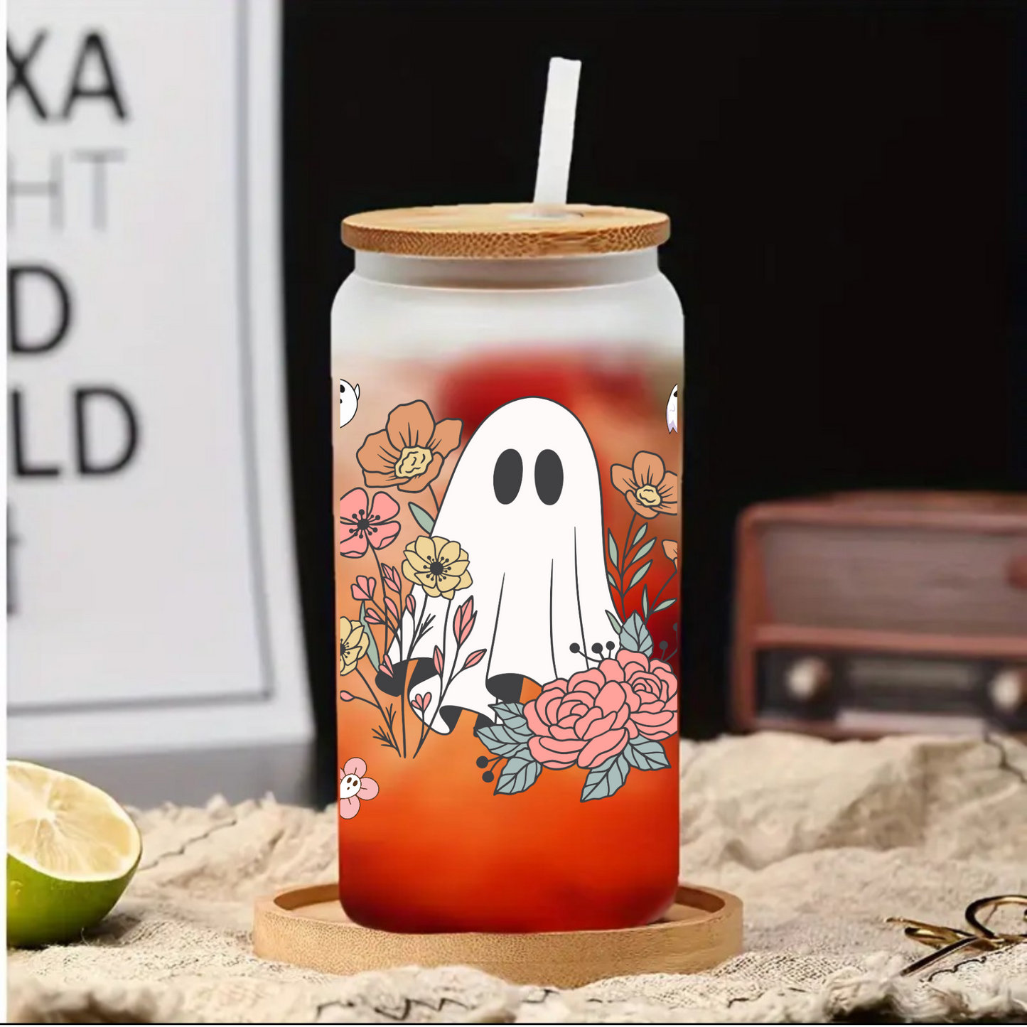 Halloween Ghost & Flower Frosted Glass Cup – Clear 16oz/20oz Tumbler with Bamboo Lid & Brush