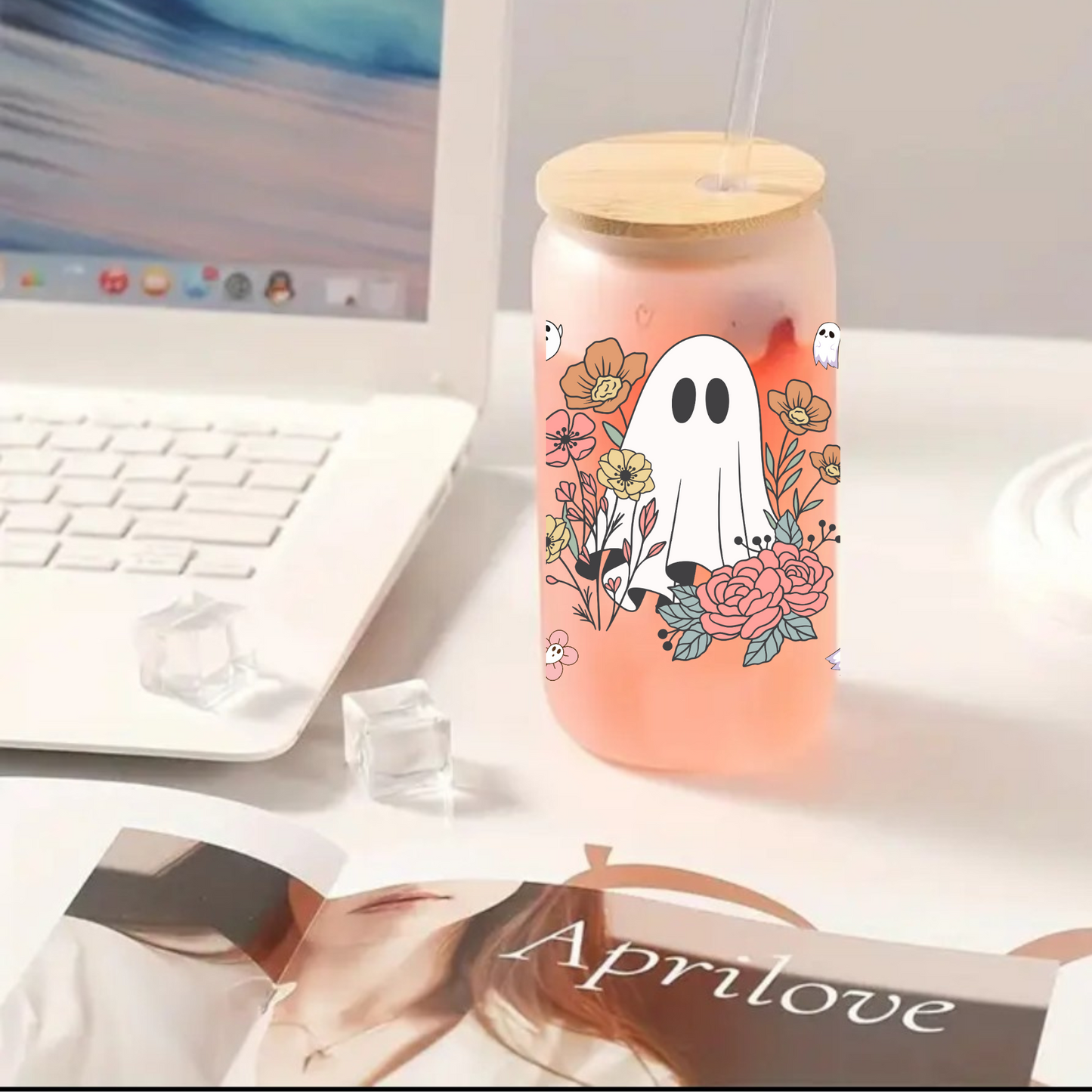 Halloween Ghost & Flower Frosted Glass Cup – Clear 16oz/20oz Tumbler with Bamboo Lid & Brush