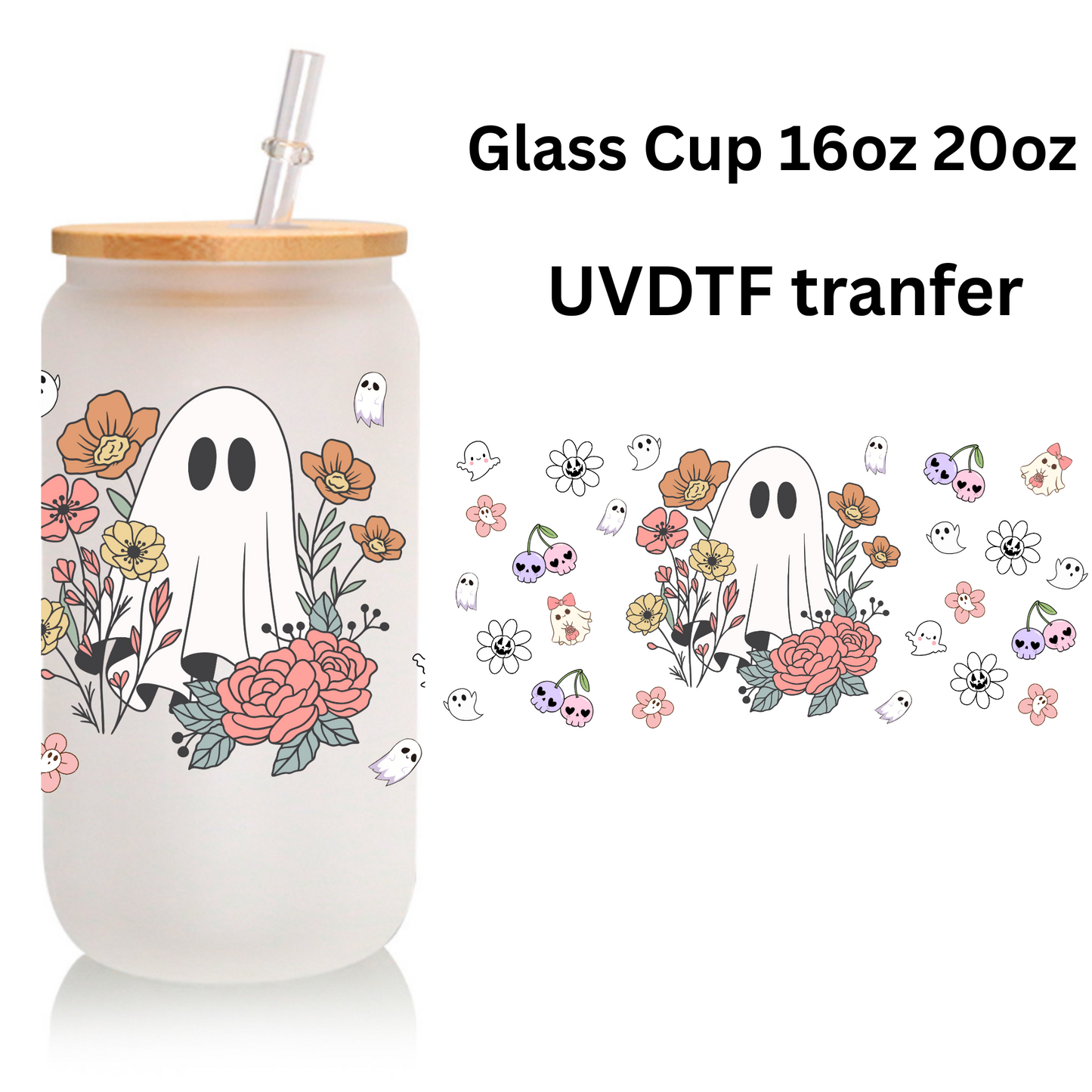 Halloween Ghost & Flower Frosted Glass Cup – Clear 16oz/20oz Tumbler with Bamboo Lid & Brush