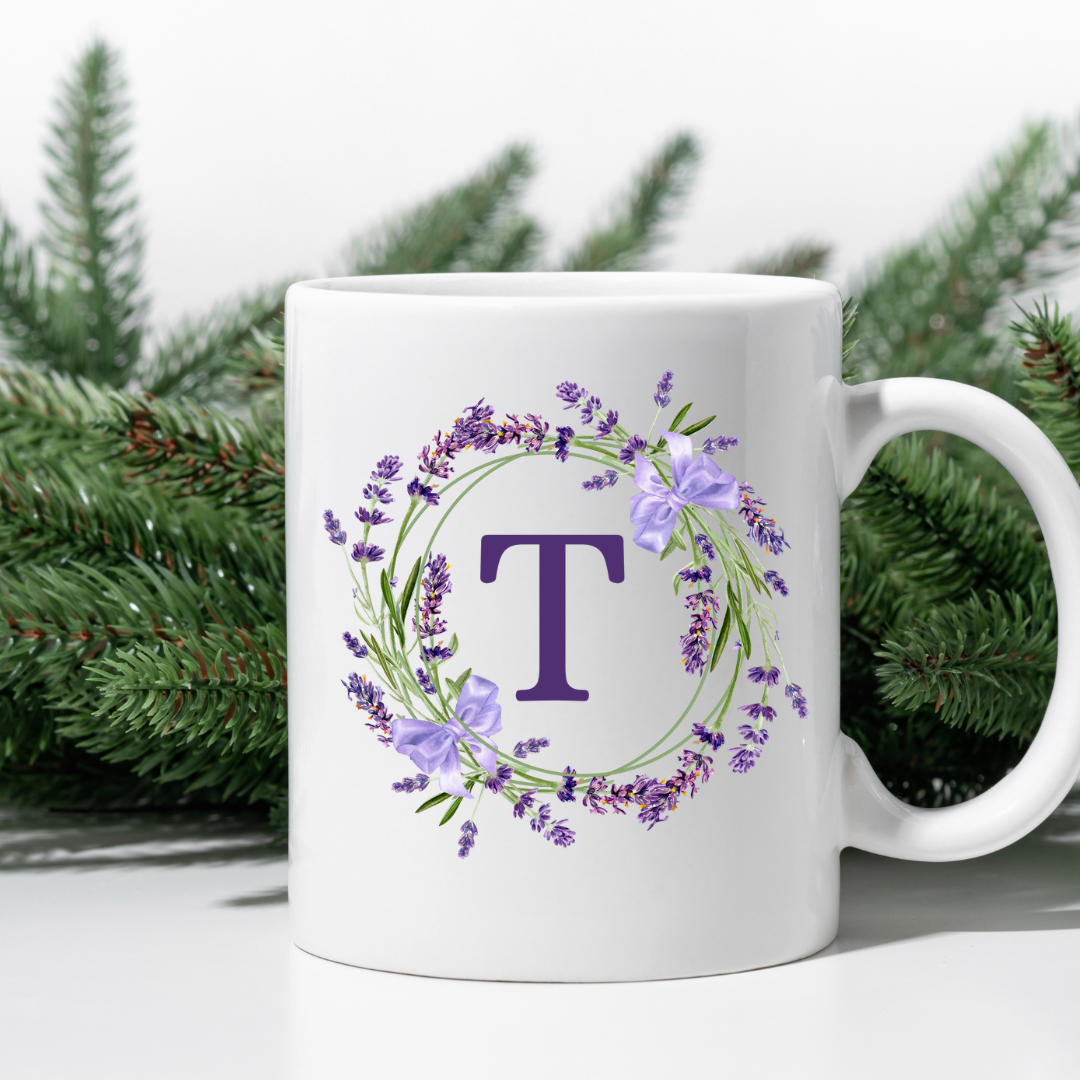 Floral Alphabet Letter A-Z Lavender Wreath Design,Personalized 12oz Ceramic Mug