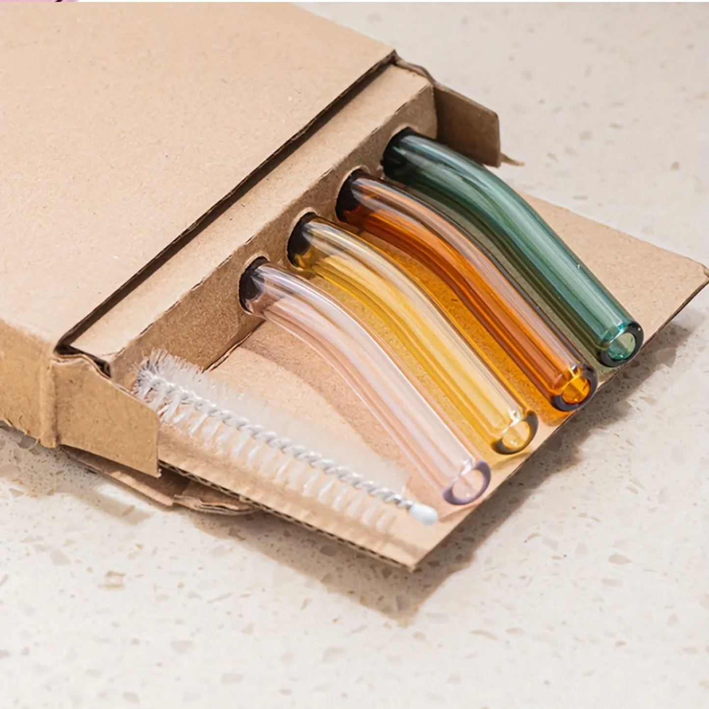 1 Set (4 Straws + 1 Brush) Colorful Glass Straws