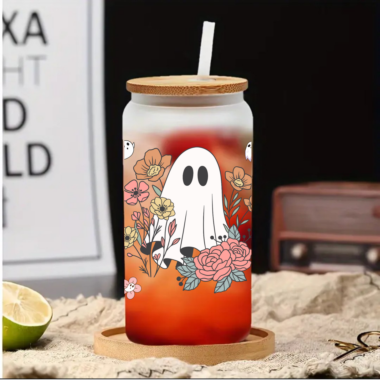 Halloween Ghost & Flower Frosted Glass Cup – Clear 16oz/20oz Tumbler with Bamboo Lid & Brush