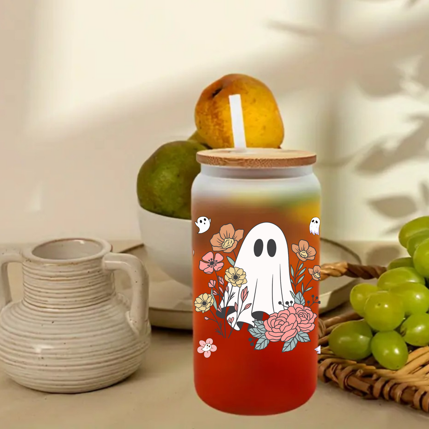 Halloween Ghost & Flower Frosted Glass Cup – Clear 16oz/20oz Tumbler with Bamboo Lid & Brush