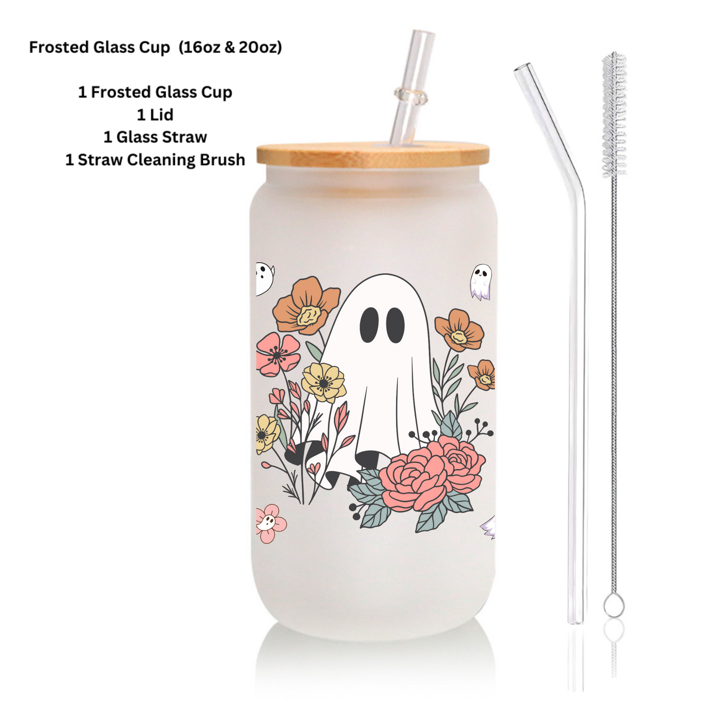 Halloween Ghost & Flower Frosted Glass Cup – Clear 16oz/20oz Tumbler with Bamboo Lid & Brush