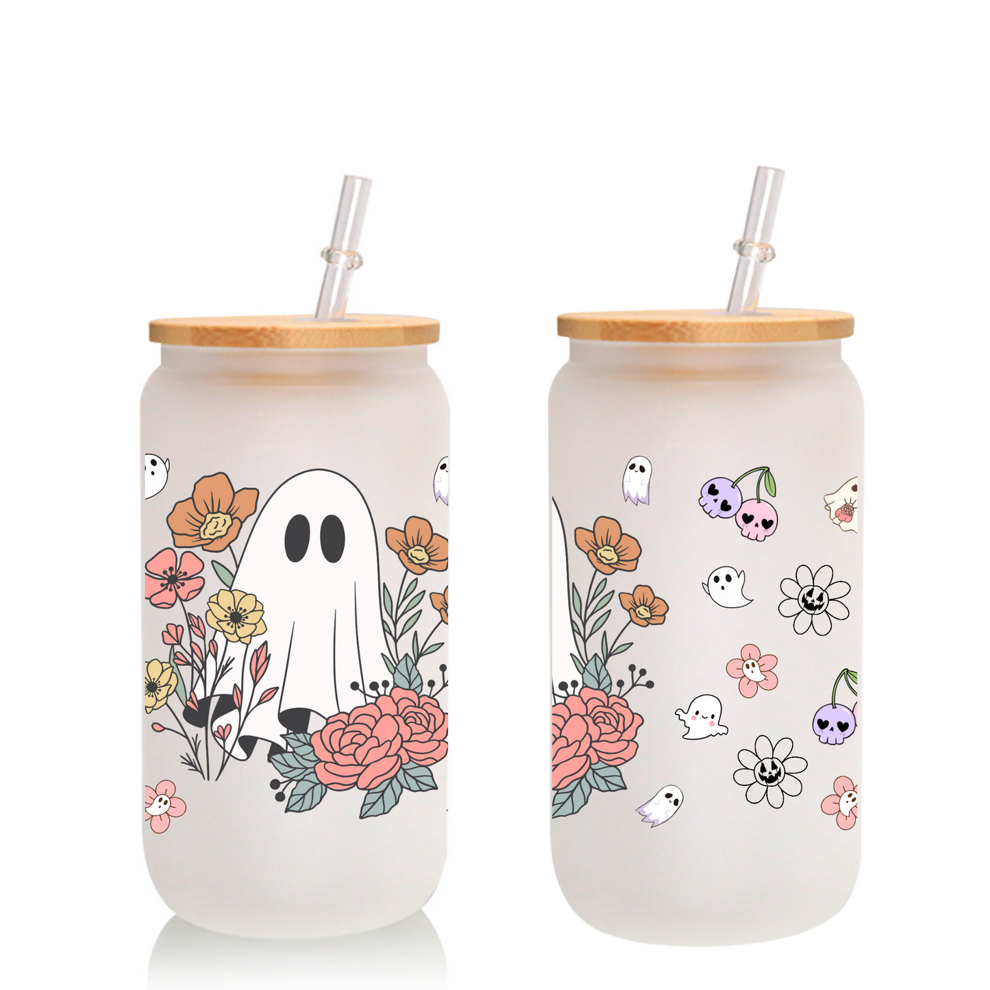 Halloween Ghost & Flower Frosted Glass Cup – Clear 16oz/20oz Tumbler with Bamboo Lid & Brush