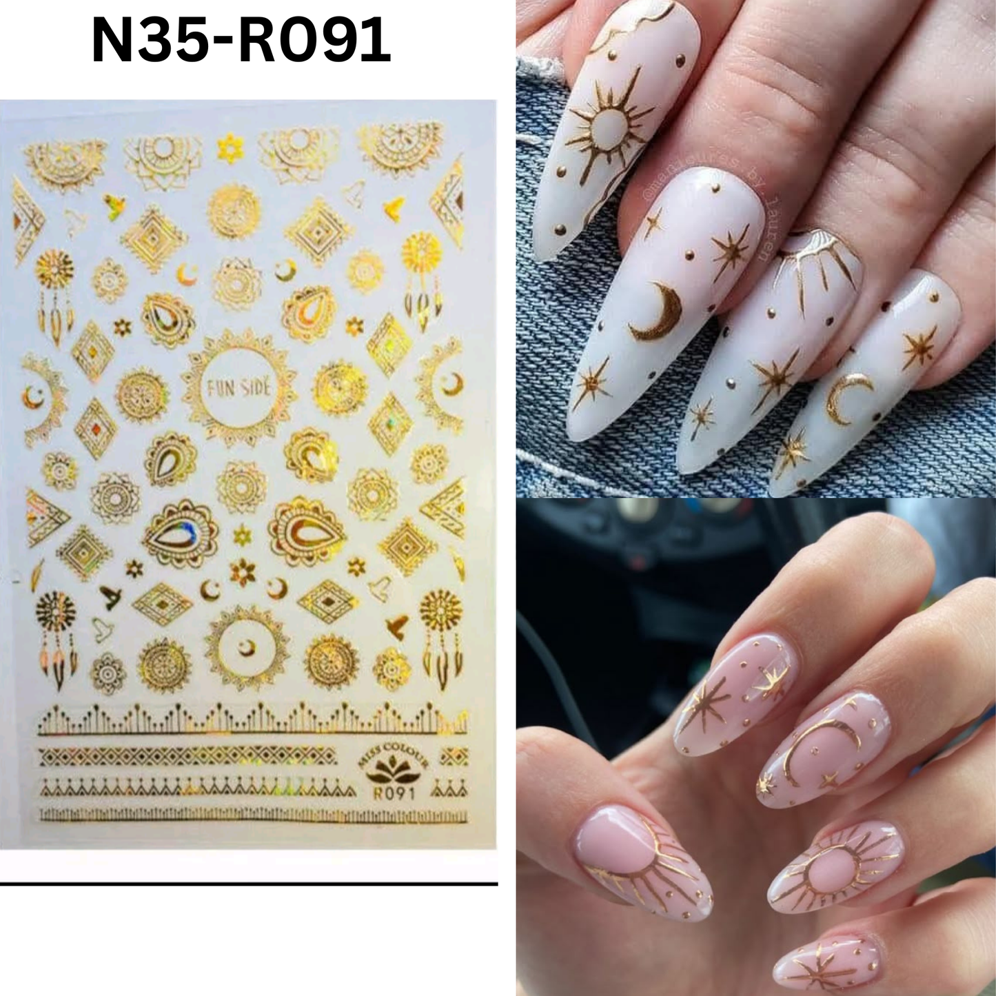 3D Nail Art Stickers Gold Boho Sun & Moon Design Decals