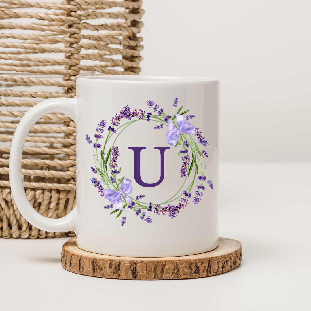 Floral Alphabet Letter A-Z Lavender Wreath Design,Personalized 12oz Ceramic Mug