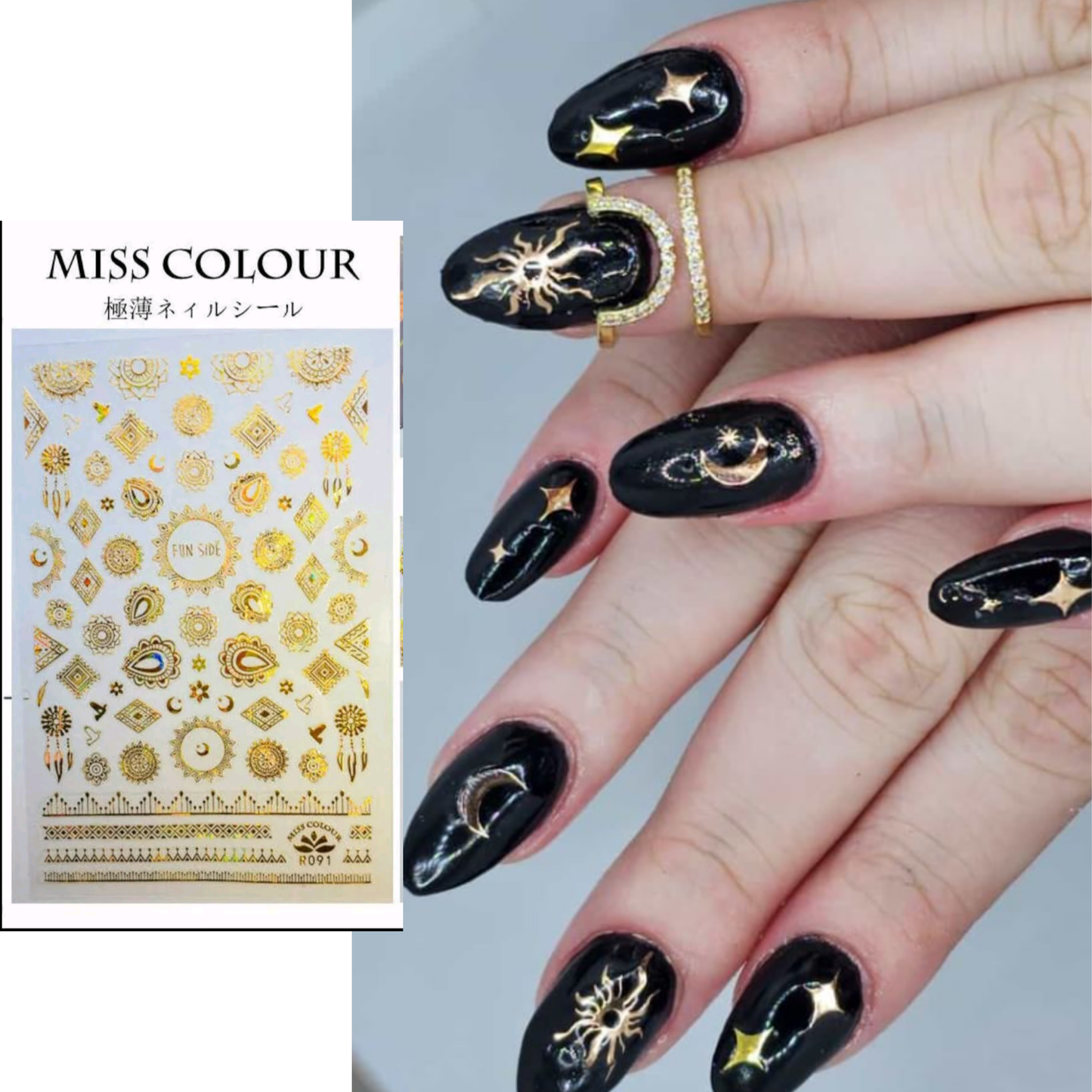 3D Nail Art Stickers Gold Boho Sun & Moon Design Decals