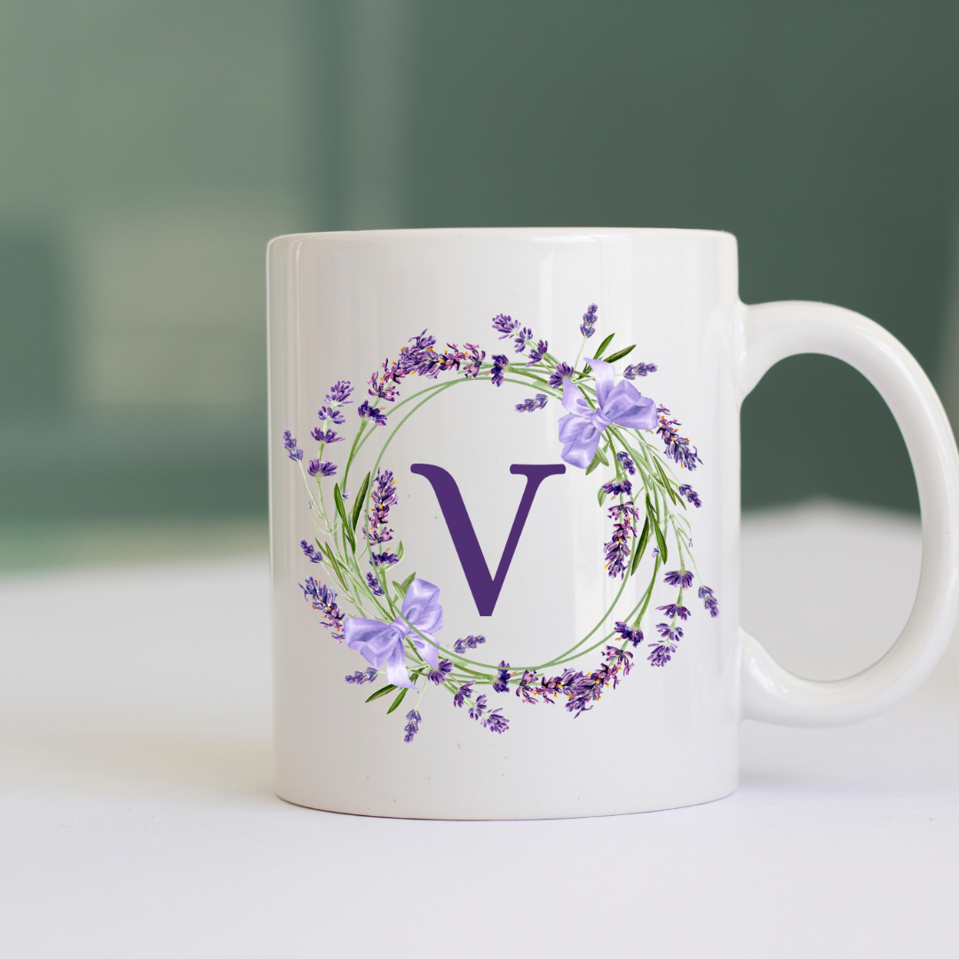 Floral Alphabet Letter A-Z Lavender Wreath Design,Personalized 12oz Ceramic Mug