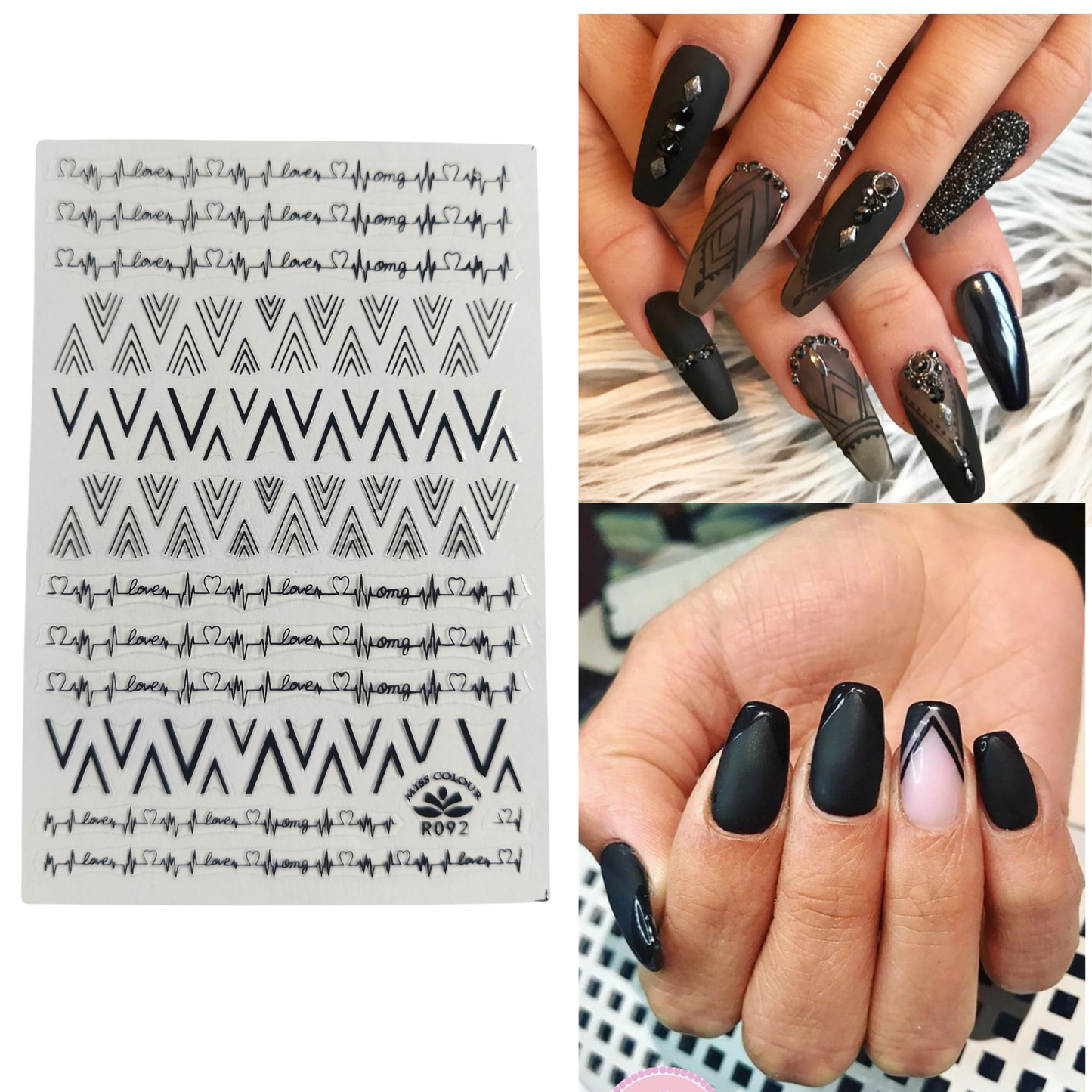 3D Nail Art Stickers Geometric & Script Design Decals (Gold, Black, White)