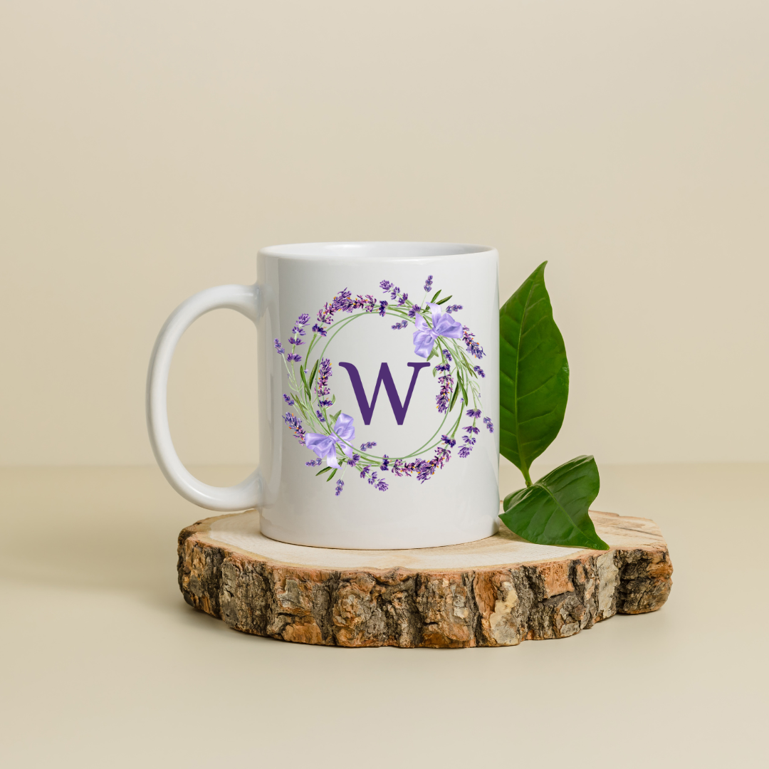 Floral Alphabet Letter A-Z Lavender Wreath Design,Personalized 12oz Ceramic Mug