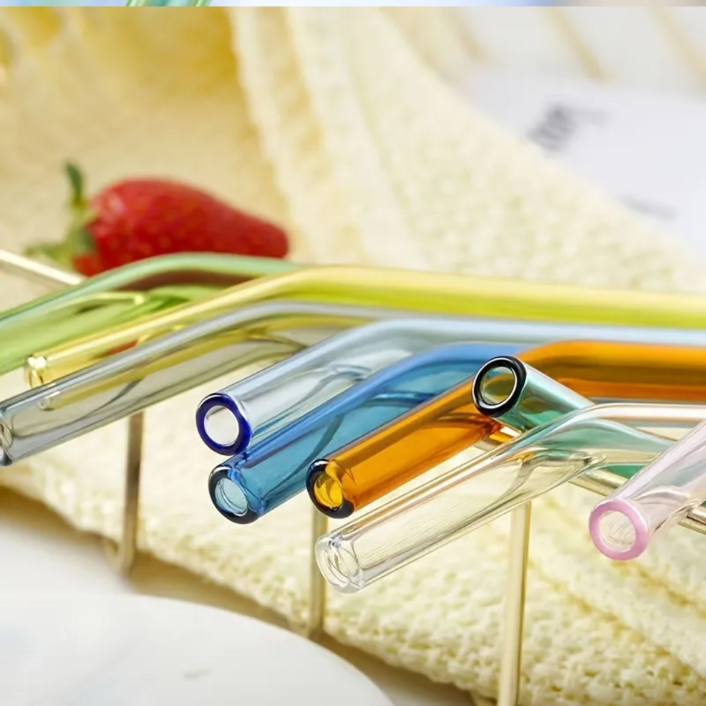 1 Set (4 Straws + 1 Brush) Colorful Glass Straws
