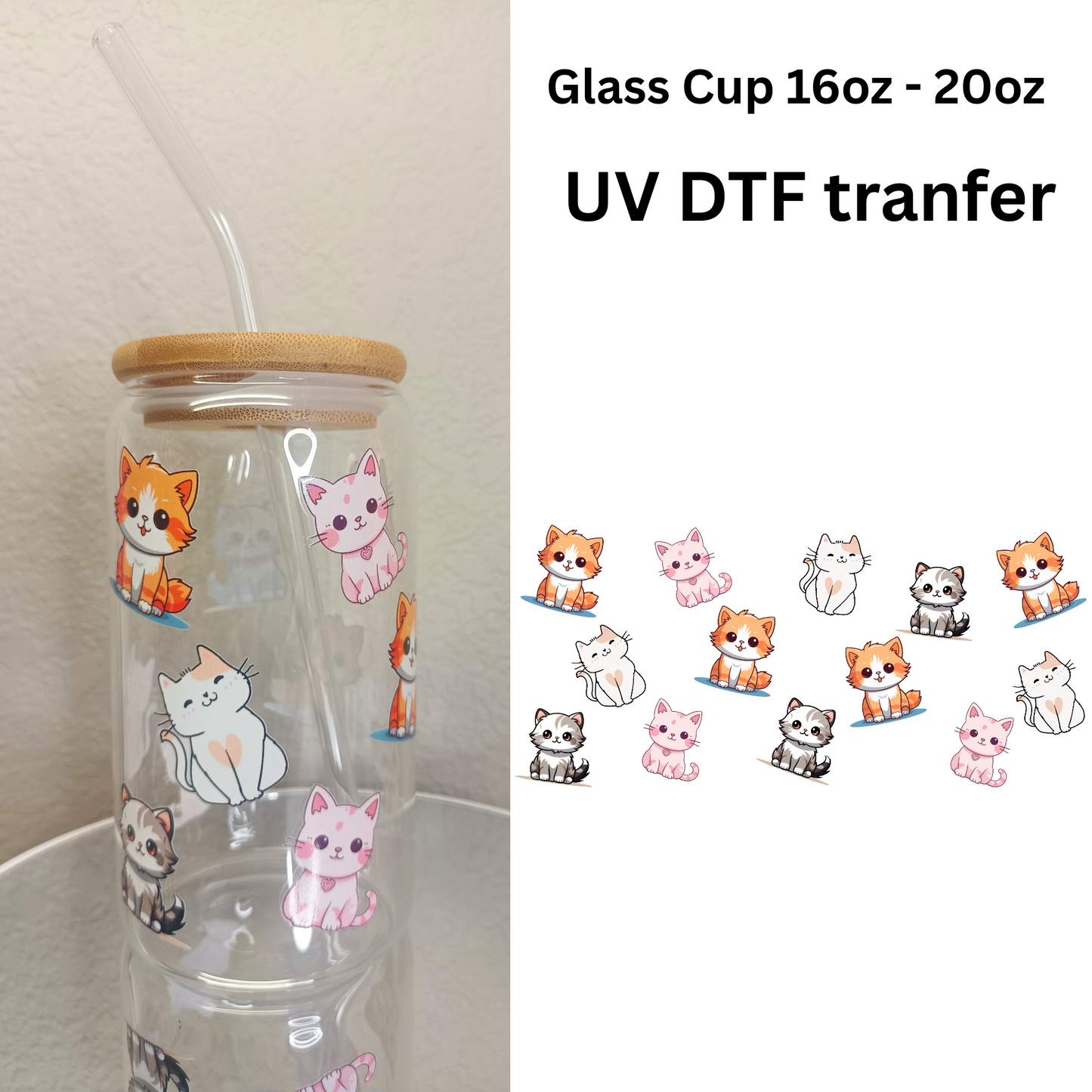 Cute Cats Glass Cup, Animal glass cup,Personalized Glass Cup 16oz & 20oz Tea, Coffee, Smoothie Glass, Perfect for Office, Party, Birthday