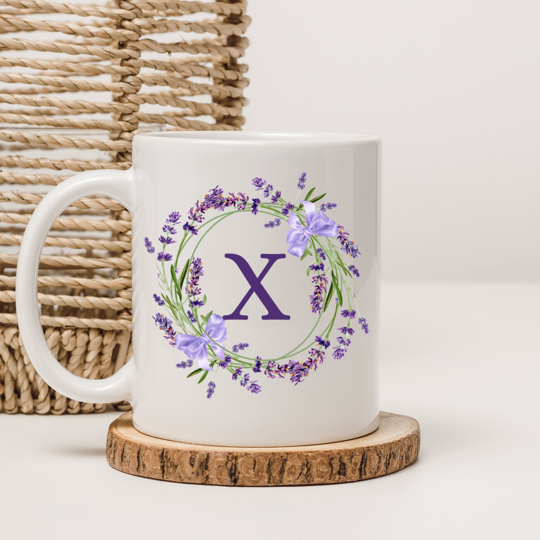 Floral Alphabet Letter A-Z Lavender Wreath Design,Personalized 12oz Ceramic Mug