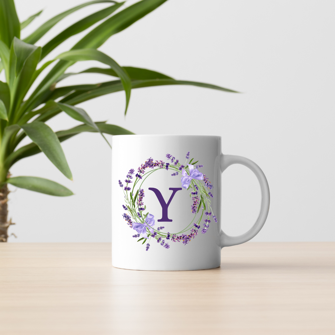 Floral Alphabet Letter A-Z Lavender Wreath Design,Personalized 12oz Ceramic Mug