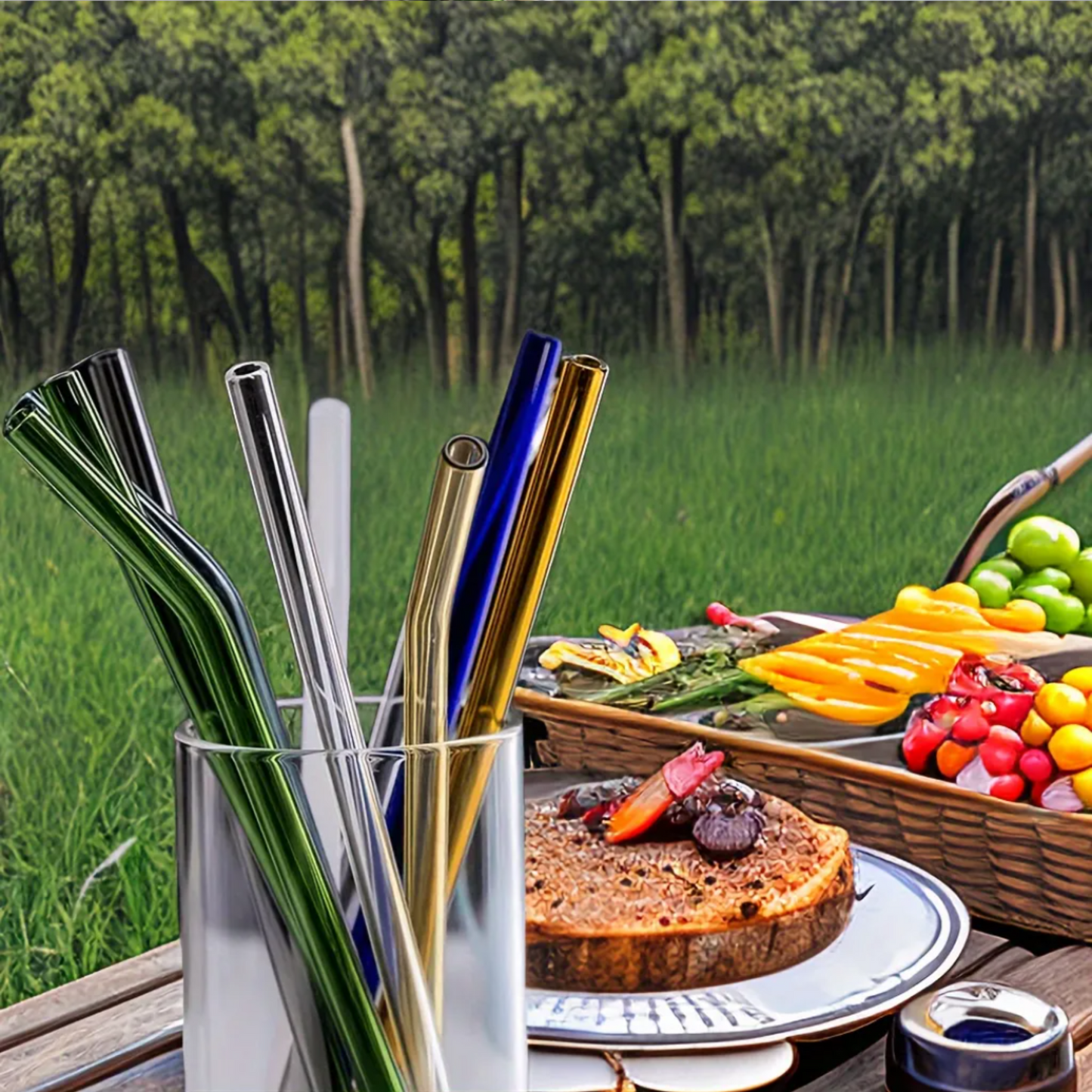 1 Set (4 Straws + 1 Brush) Colorful Glass Straws